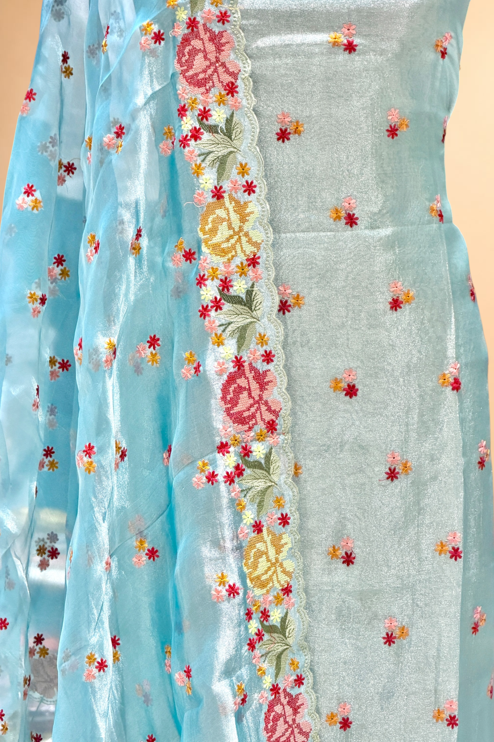 Blue Tissue Silk Suit Set With Cross-Stitch Floral Embroidery