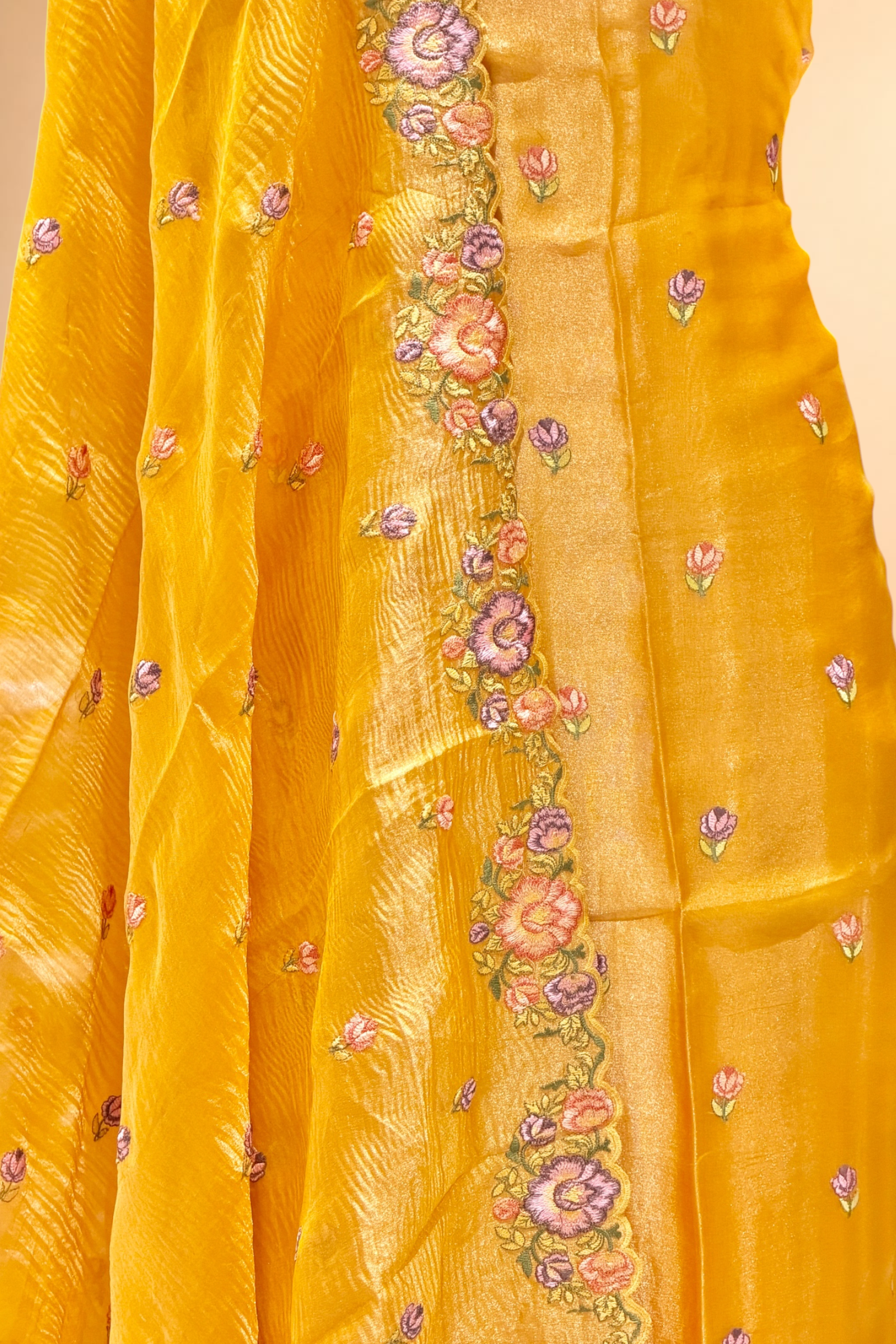 Golden Yellow Tissue Silk Suit Set With Floral Embroidery