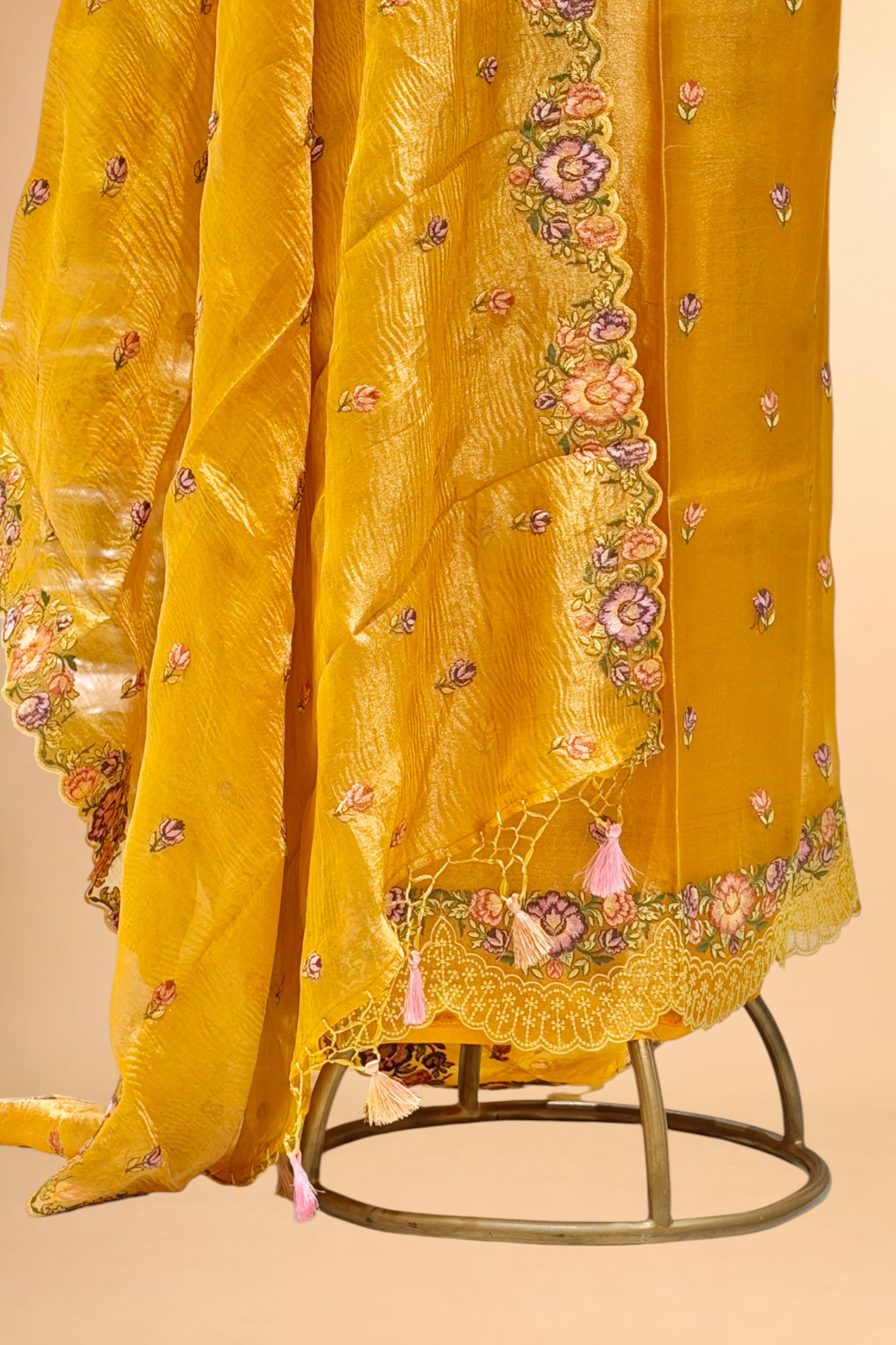 Golden Yellow Tissue Silk Suit Set With Floral Embroidery