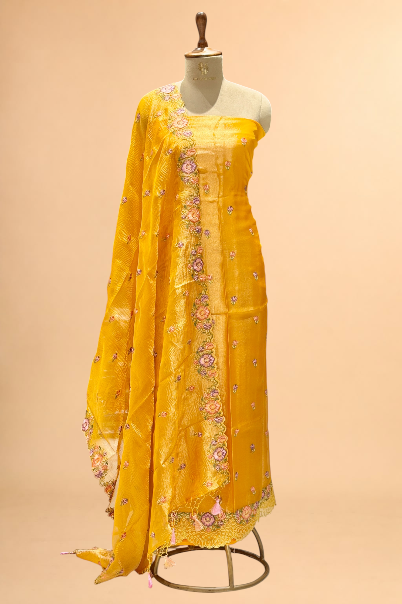 Golden Yellow Tissue Silk Suit Set With Floral Embroidery