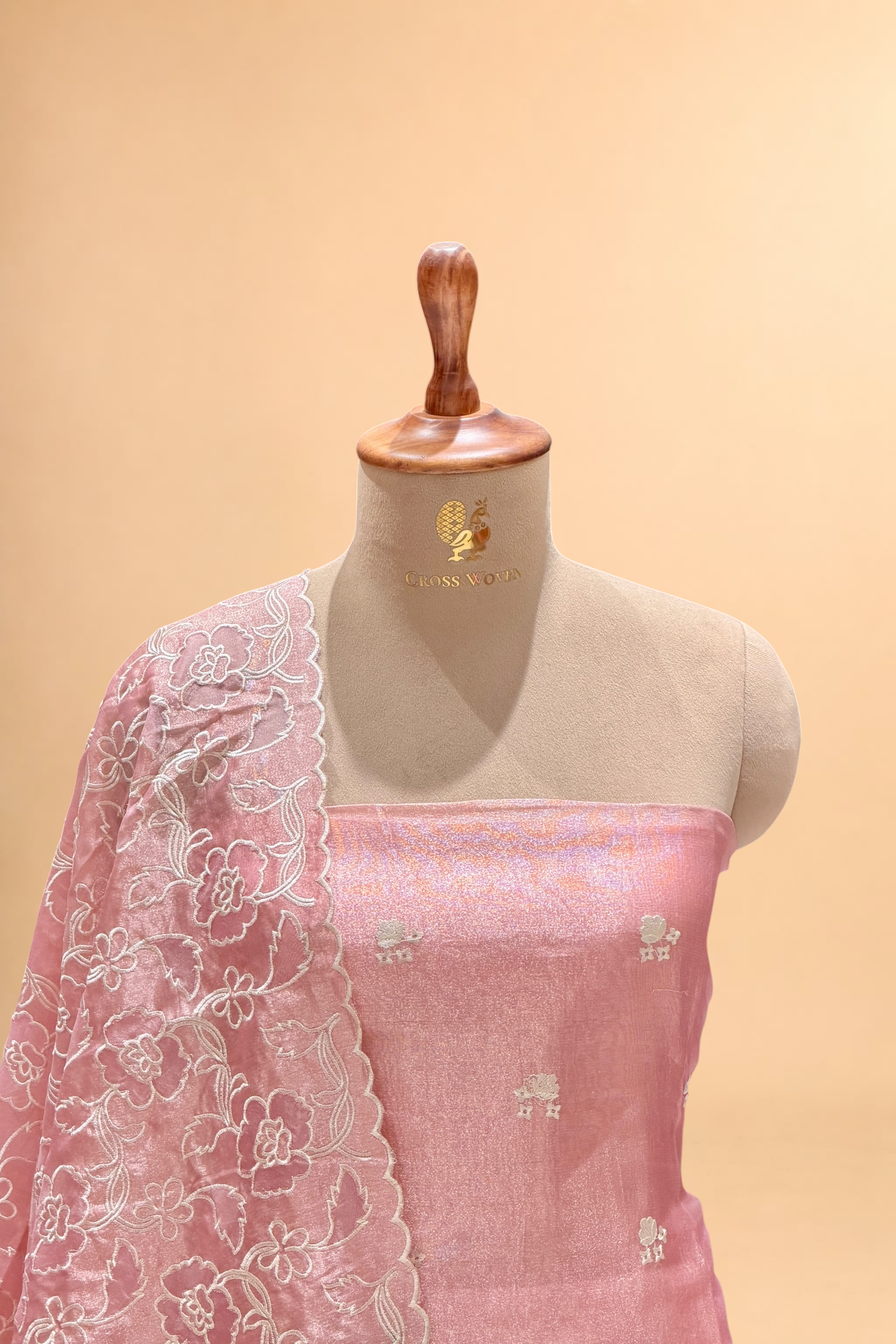 Pink Tissue Silk Embroidered Suit Set with Floral Jaal Dupatta