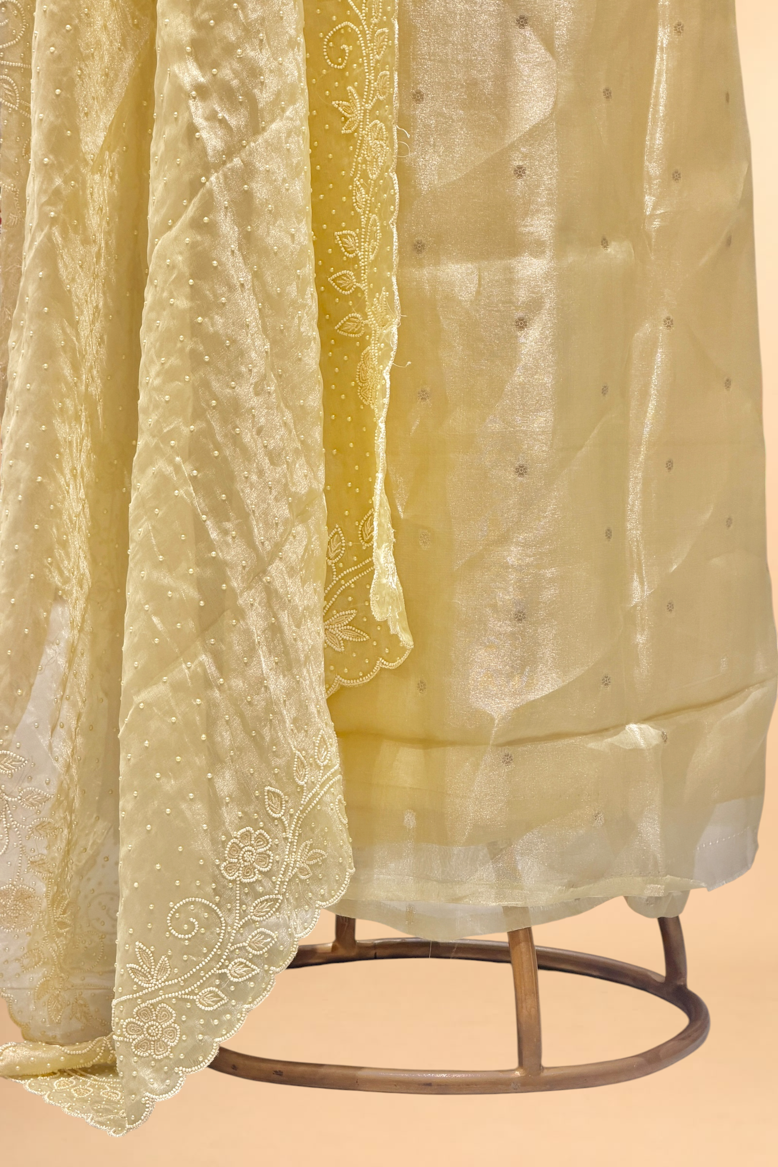 Pale Yellow Tissue Silk Suit Set With Pearl Embellishments