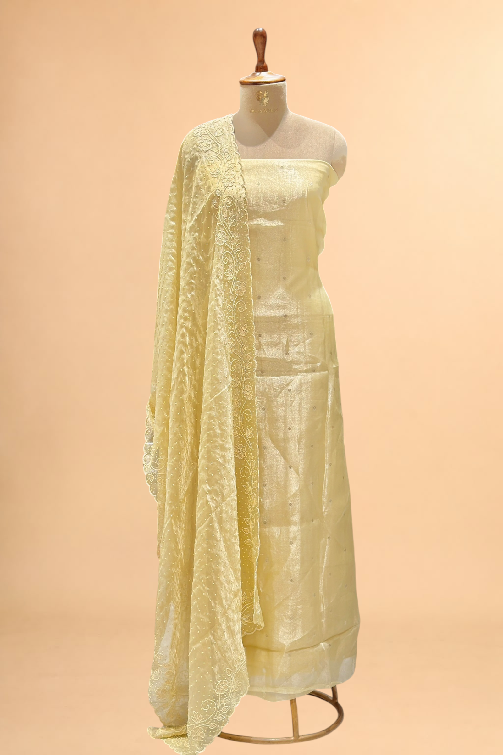 Pale Yellow Tissue Silk Suit Set With Pearl Embellishments