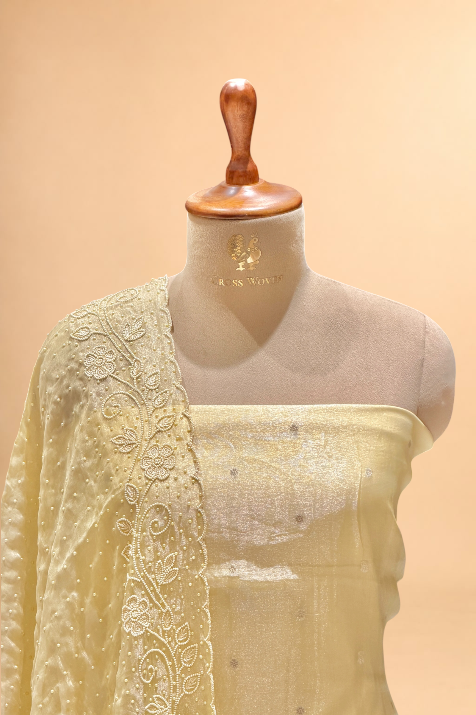 Pale Yellow Tissue Silk Suit Set With Pearl Embellishments