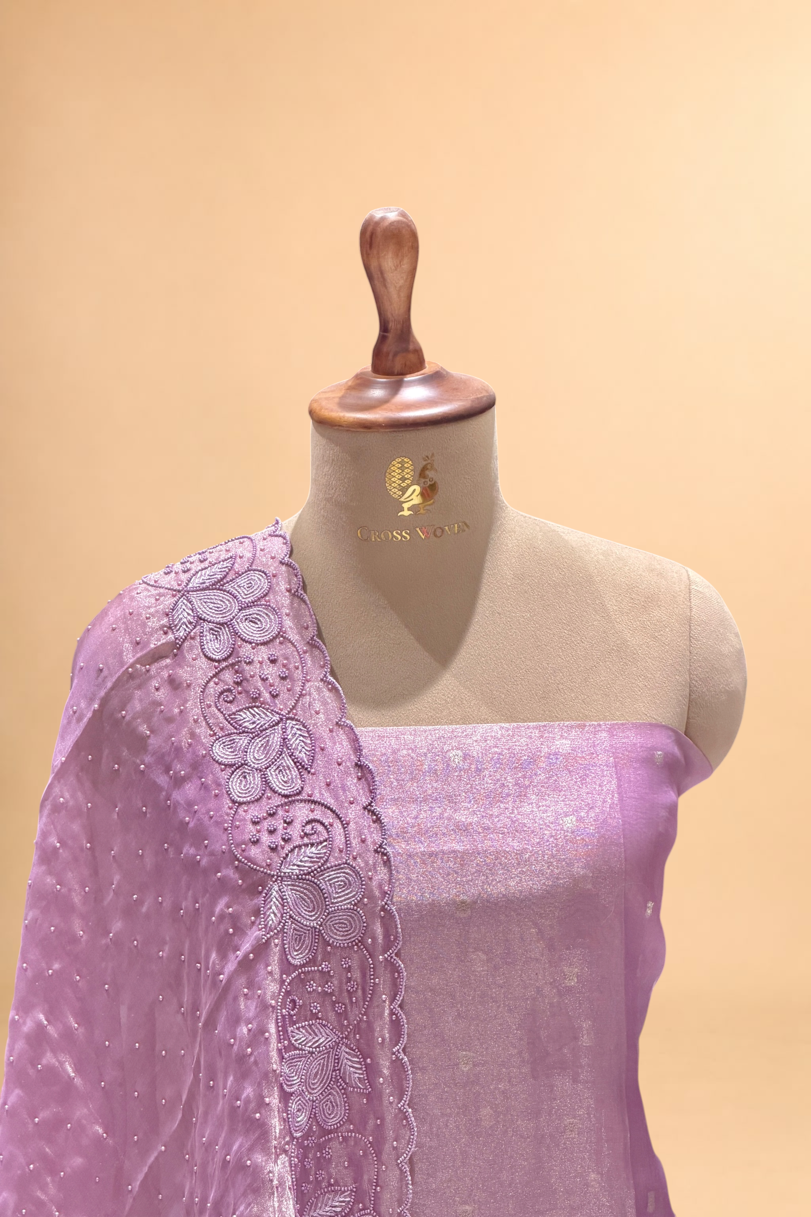 Lavender Tissue Silk Suit Set With Pearl Embellishments