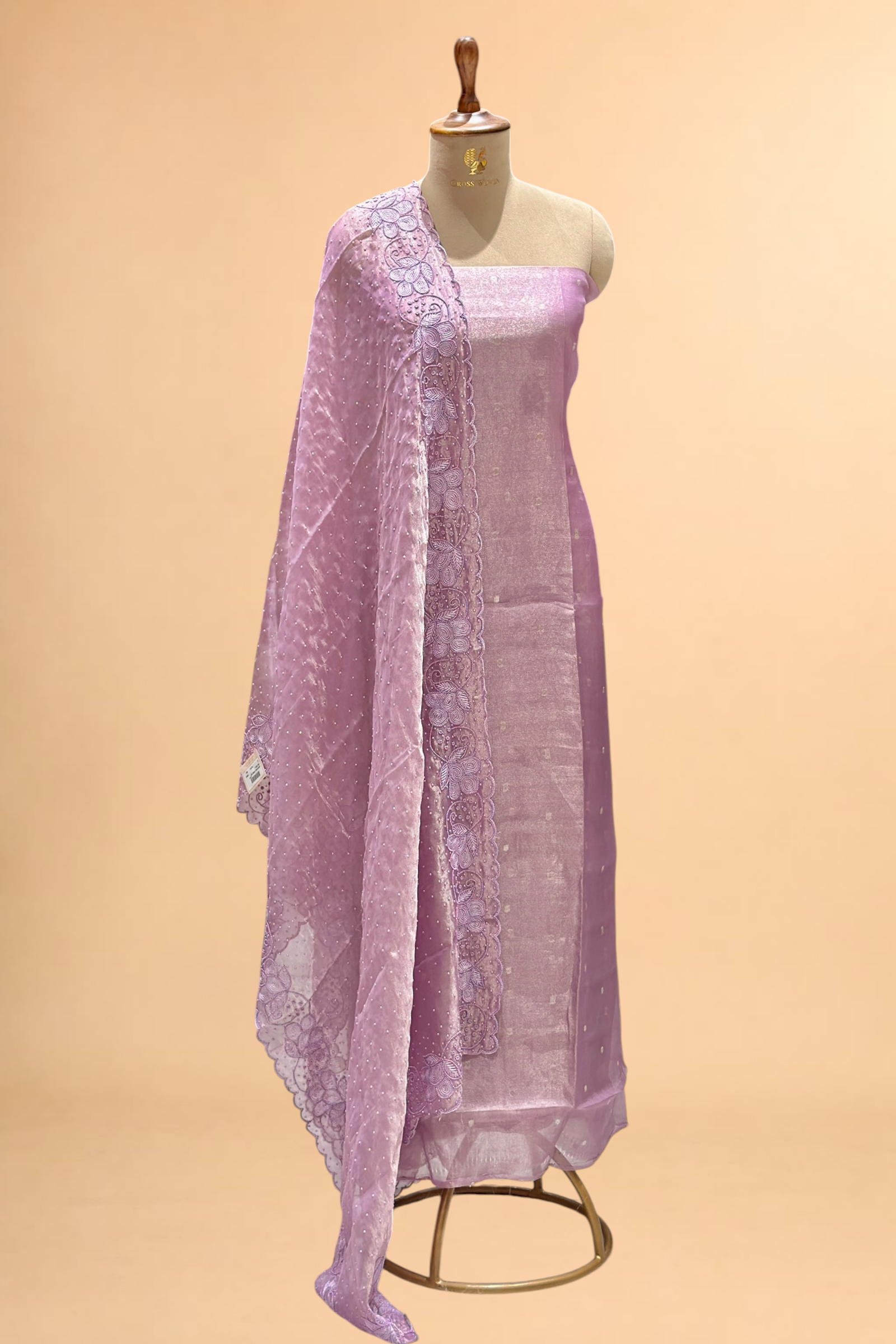 Lavender Tissue Silk Suit Set With Pearl Embellishments