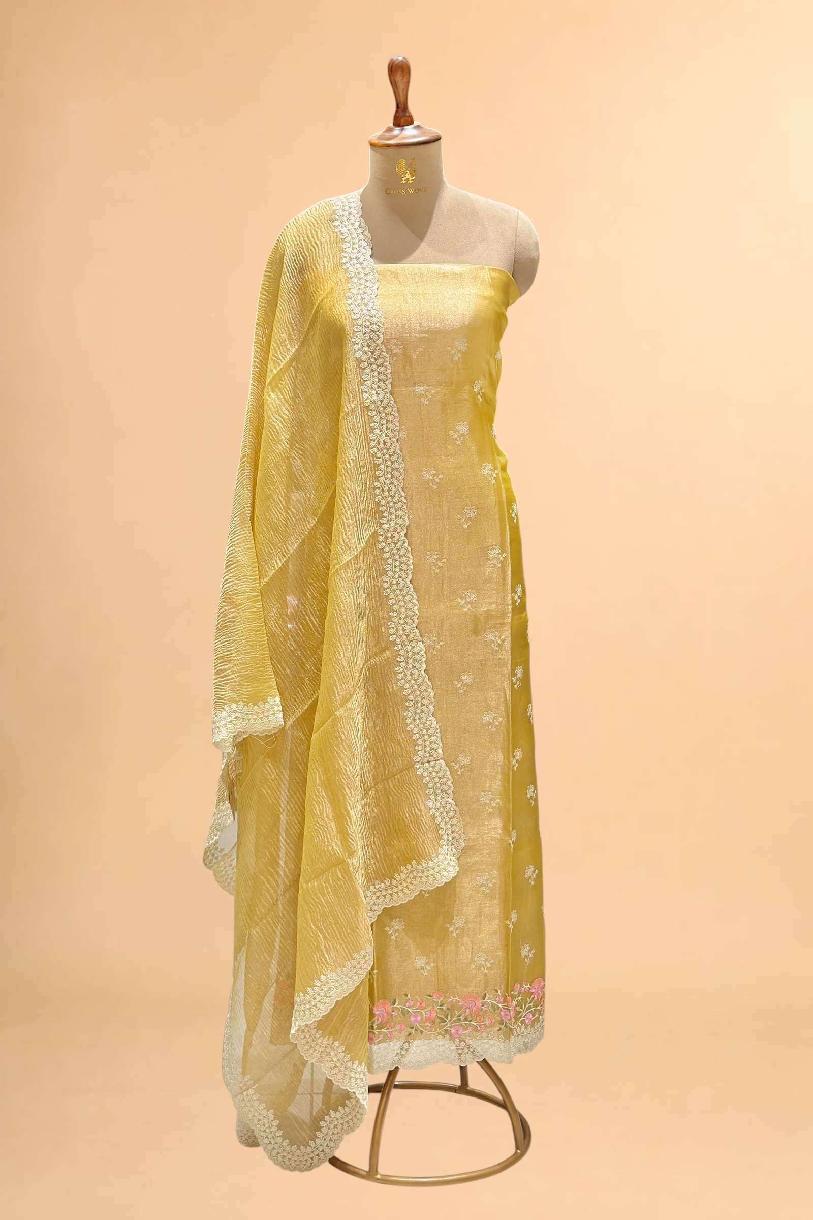 Pastel Yellow Tissue Silk Suit Set with Crush Tissue Dupatta