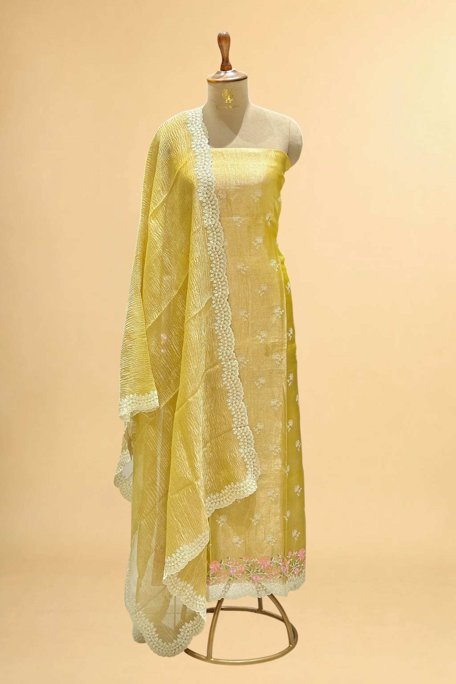 Lime Yellow Tissue Silk Suit Set with Crushed Tissue Dupatta