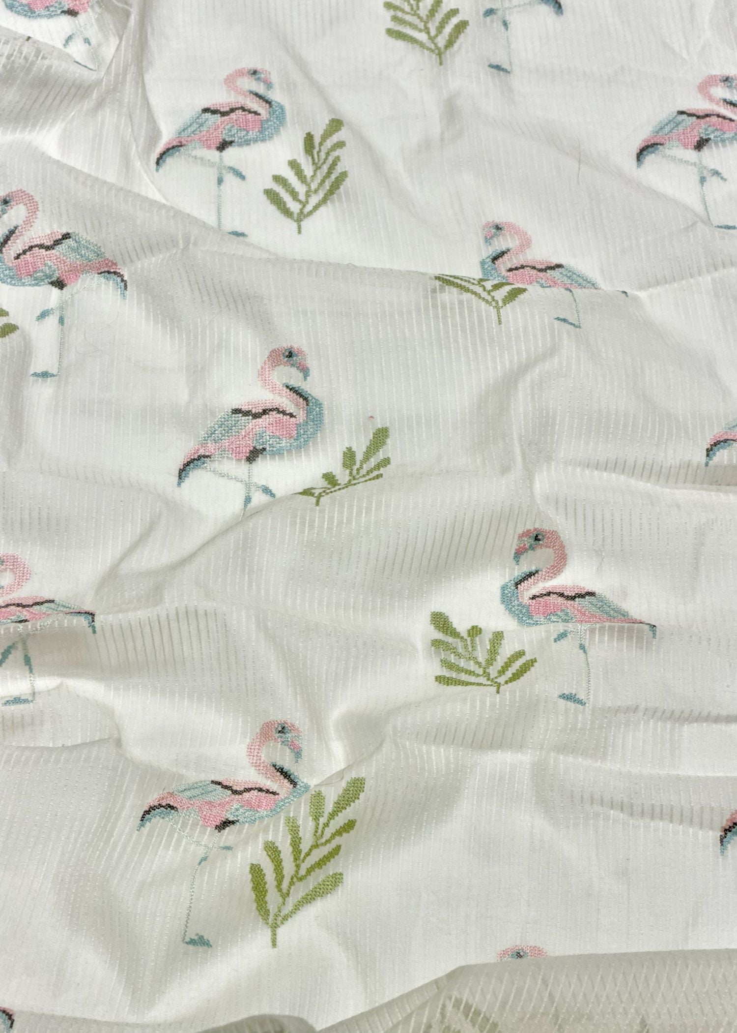 Off-White Premium Cotton Fabric With Flamingo Embroidery