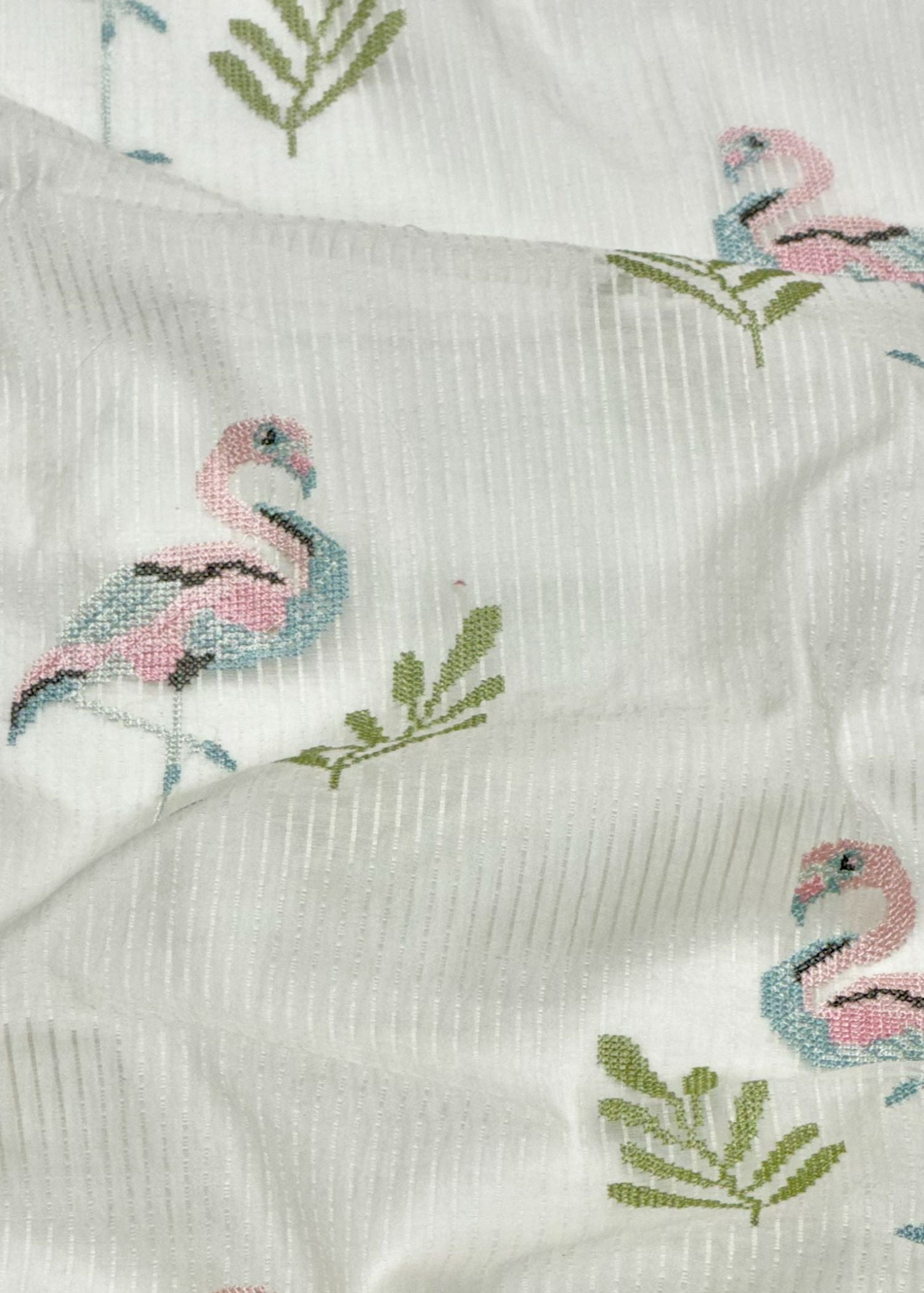 Off-White Premium Cotton Fabric With Flamingo Embroidery