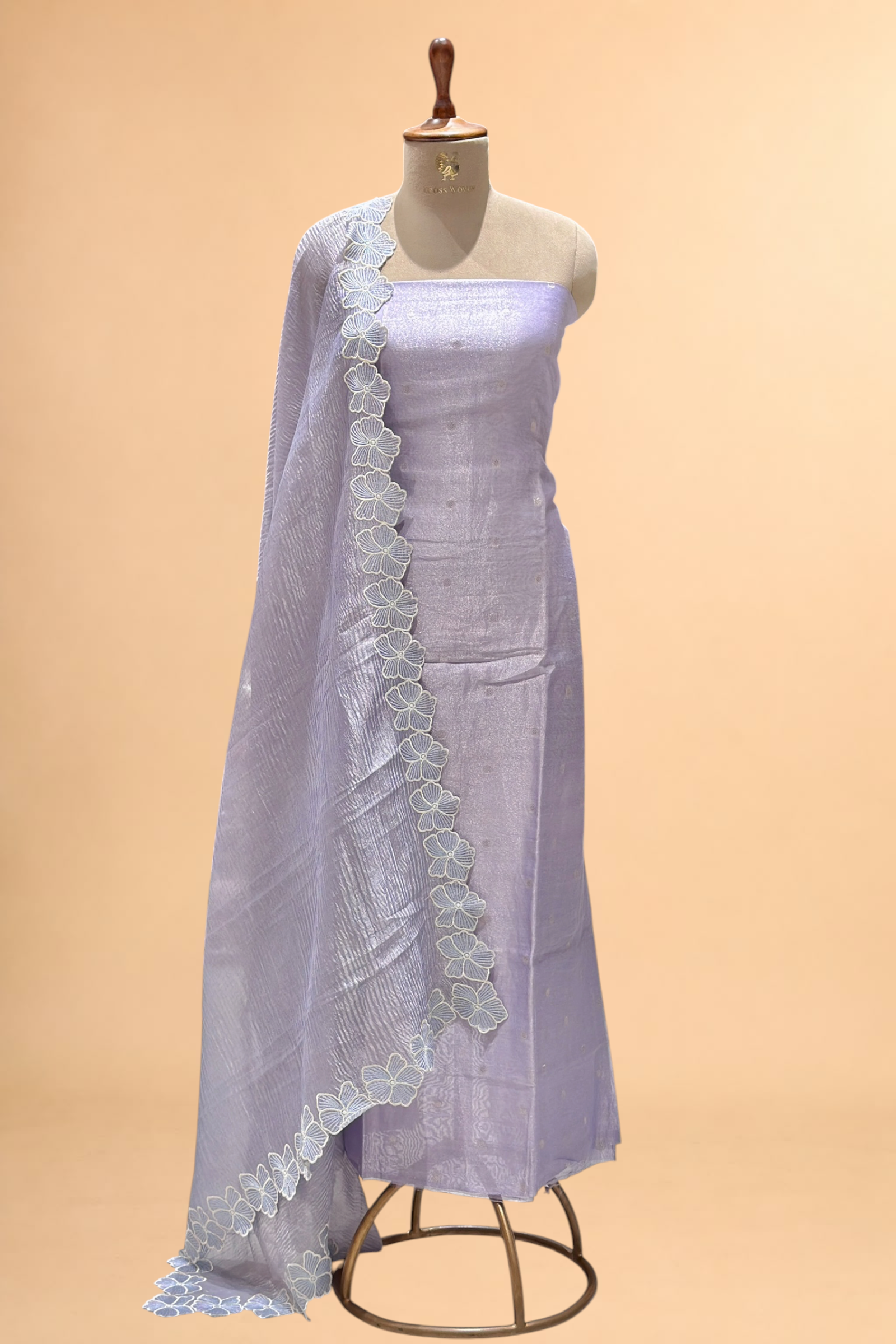 Lavender Tissue Silk Suit Set with Silver Bootis & Floral Crush Tissue Dupatta