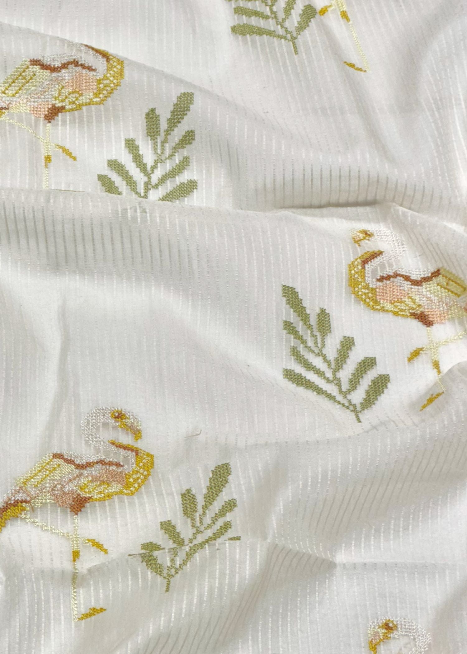 Off-White Premium Cotton Fabric With Flamingo Embroidery