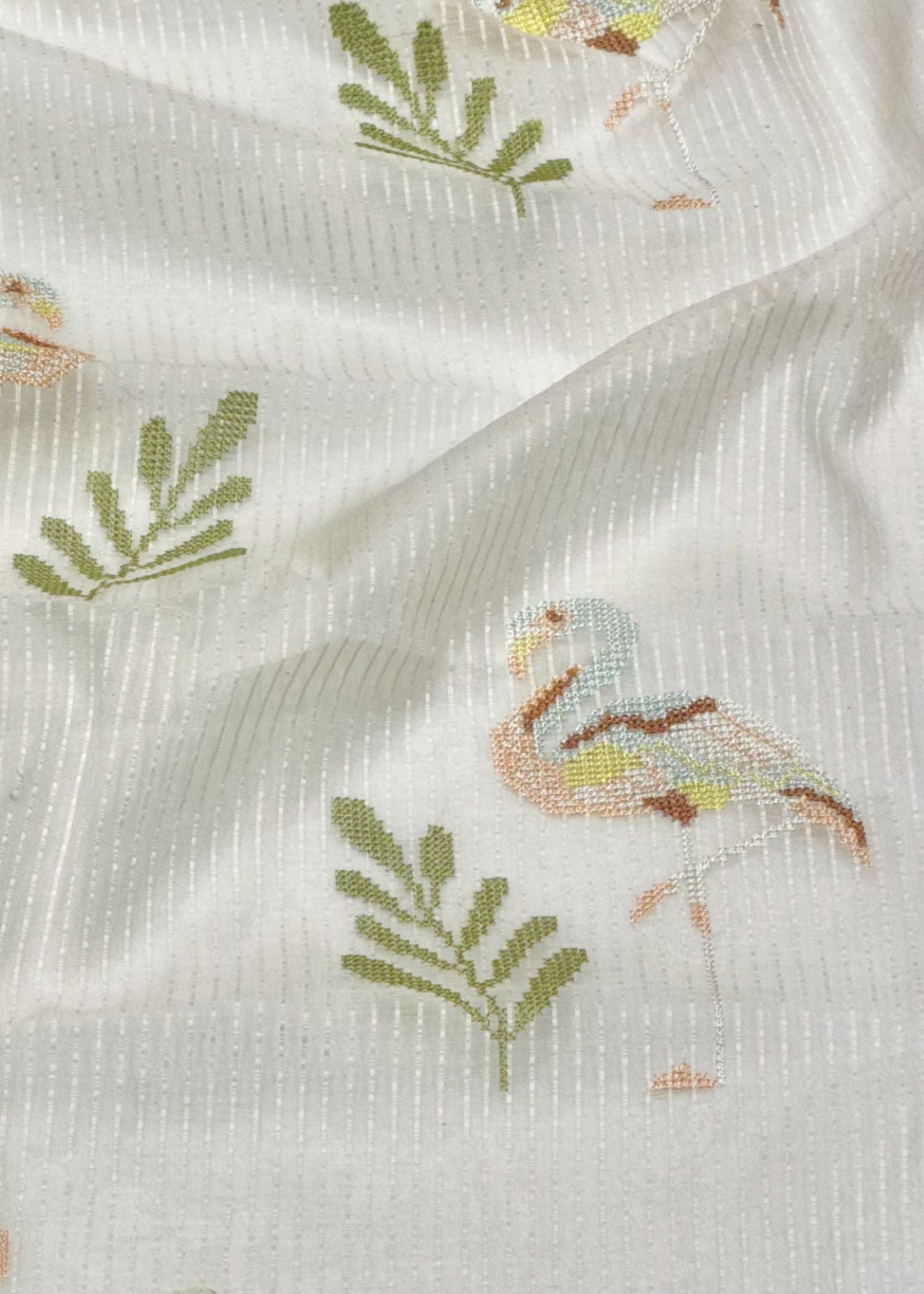Off-White Premium Cotton Fabric With Flamingo Embroidery