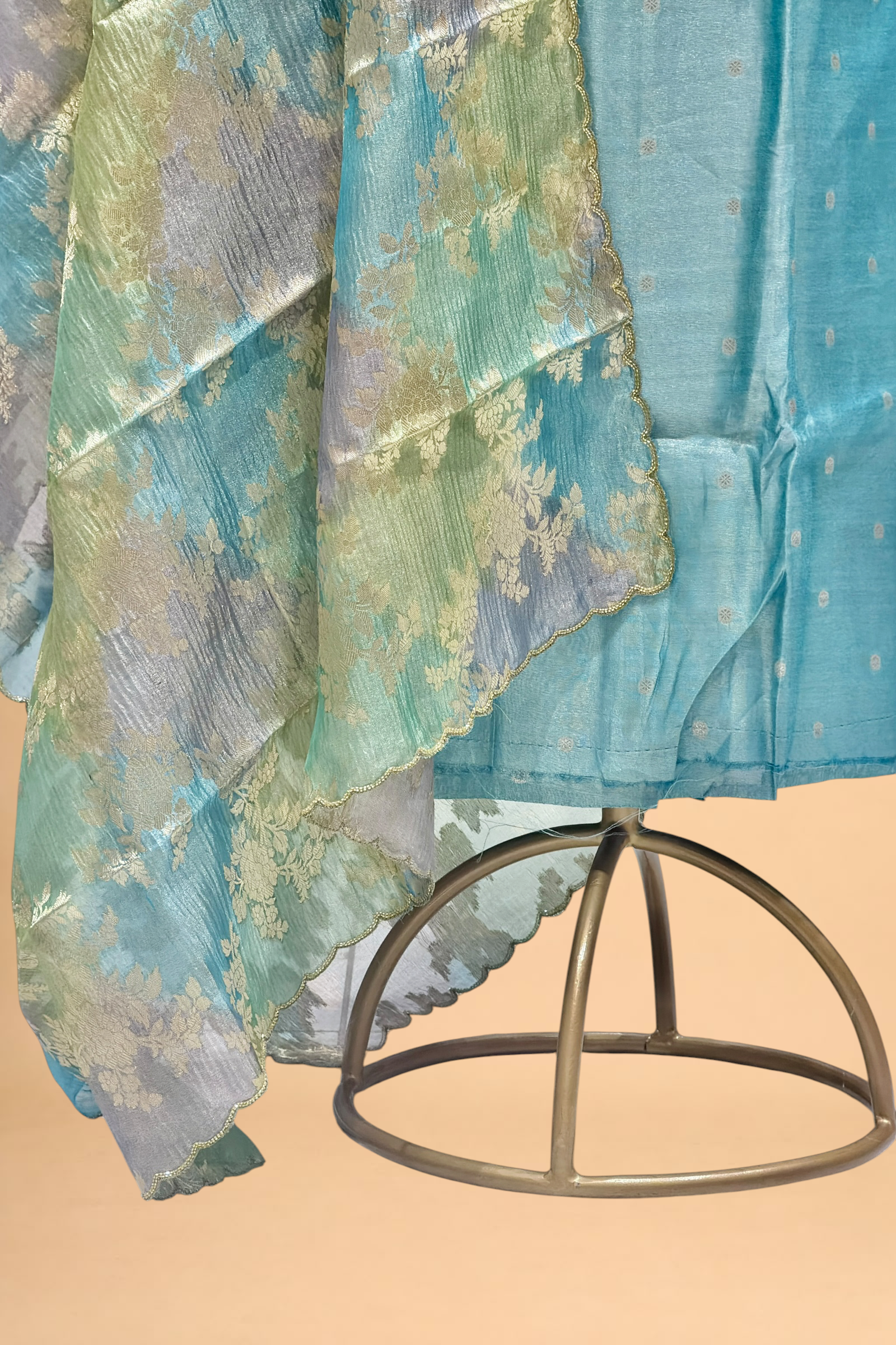 Aqua Blue Tissue Silk Suit Set With Rangkaat Dupatta