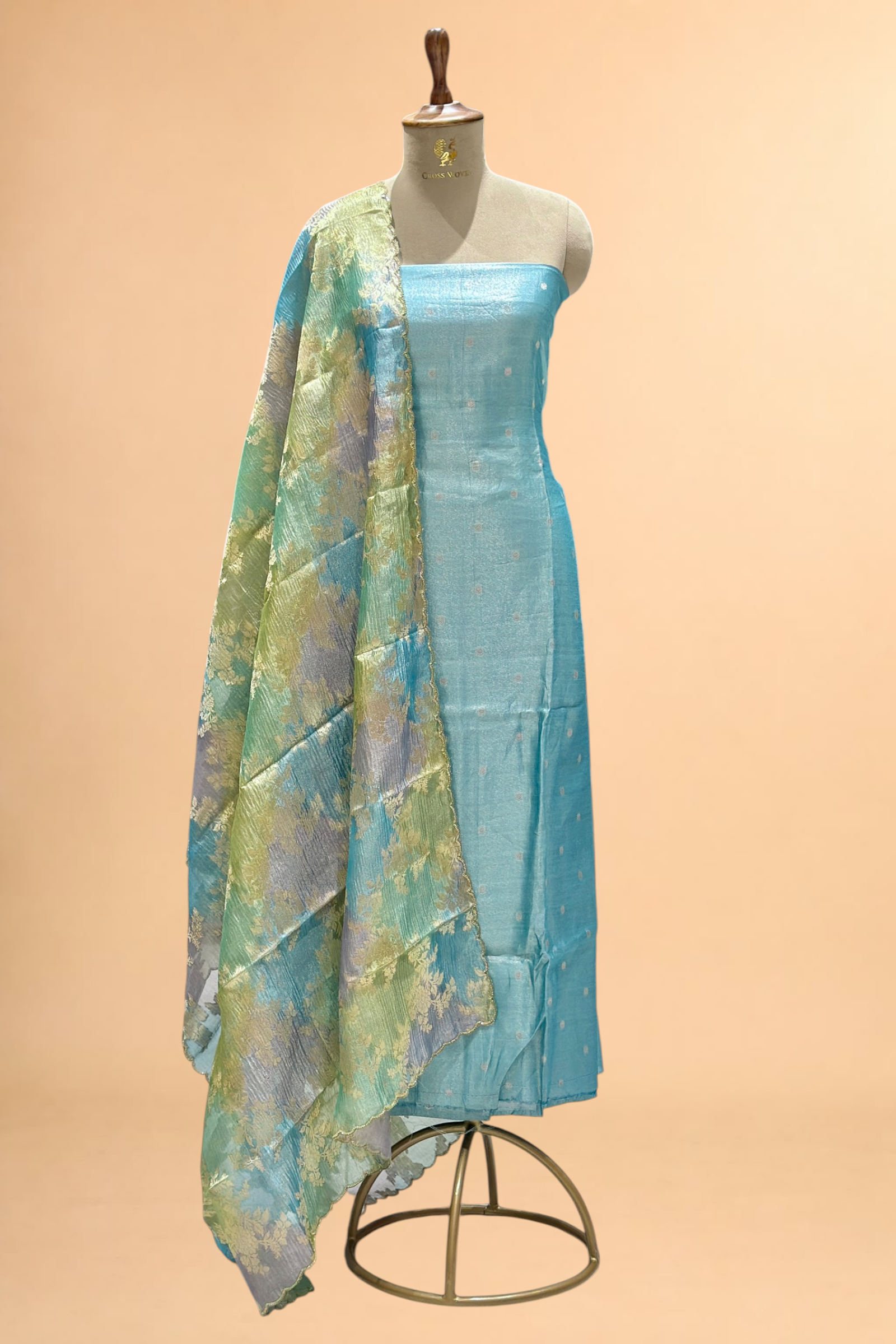 Aqua Blue Tissue Silk Suit Set With Rangkaat Dupatta