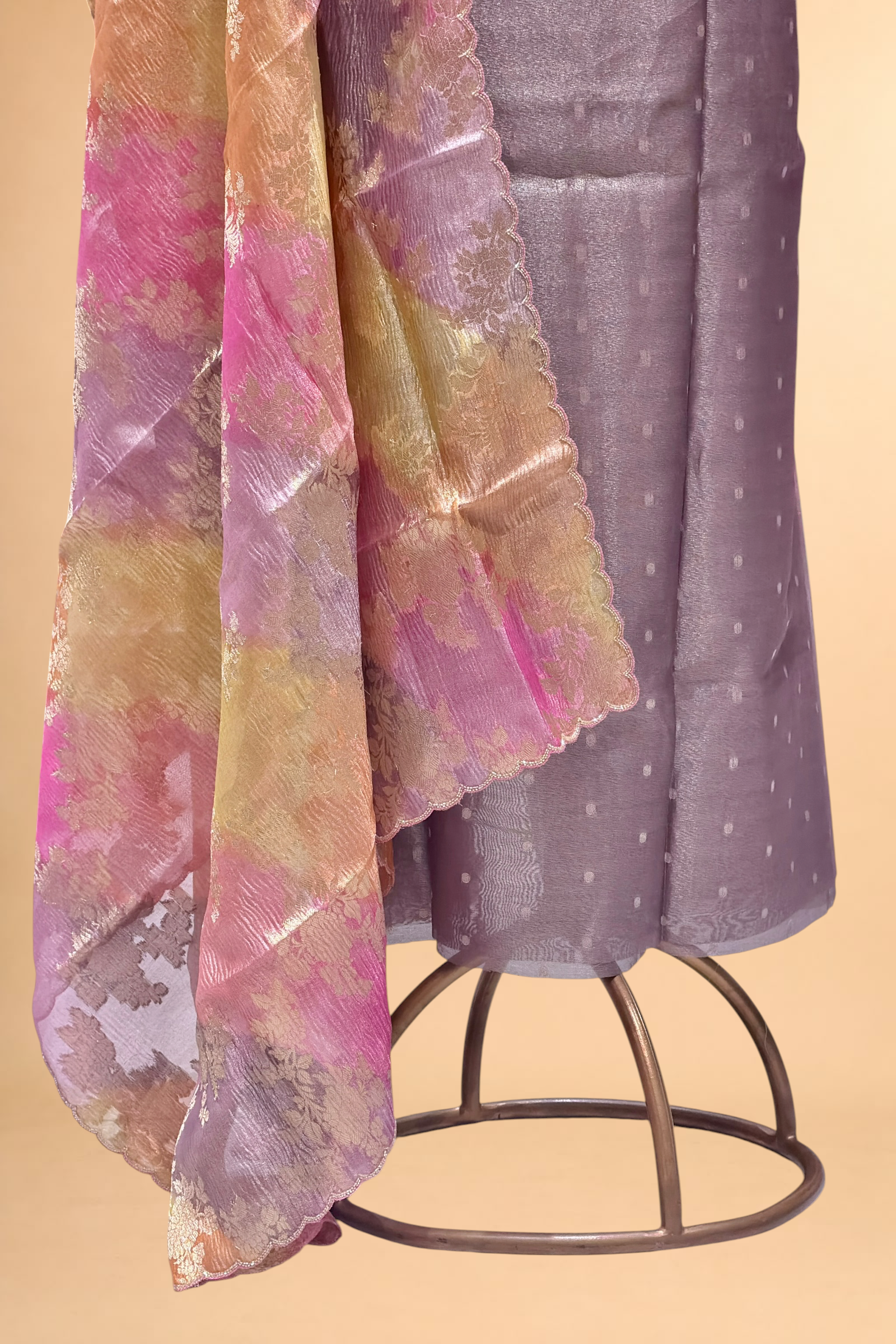 Lavender Tissue Silk Suit Set With Rangkaat Dupatta