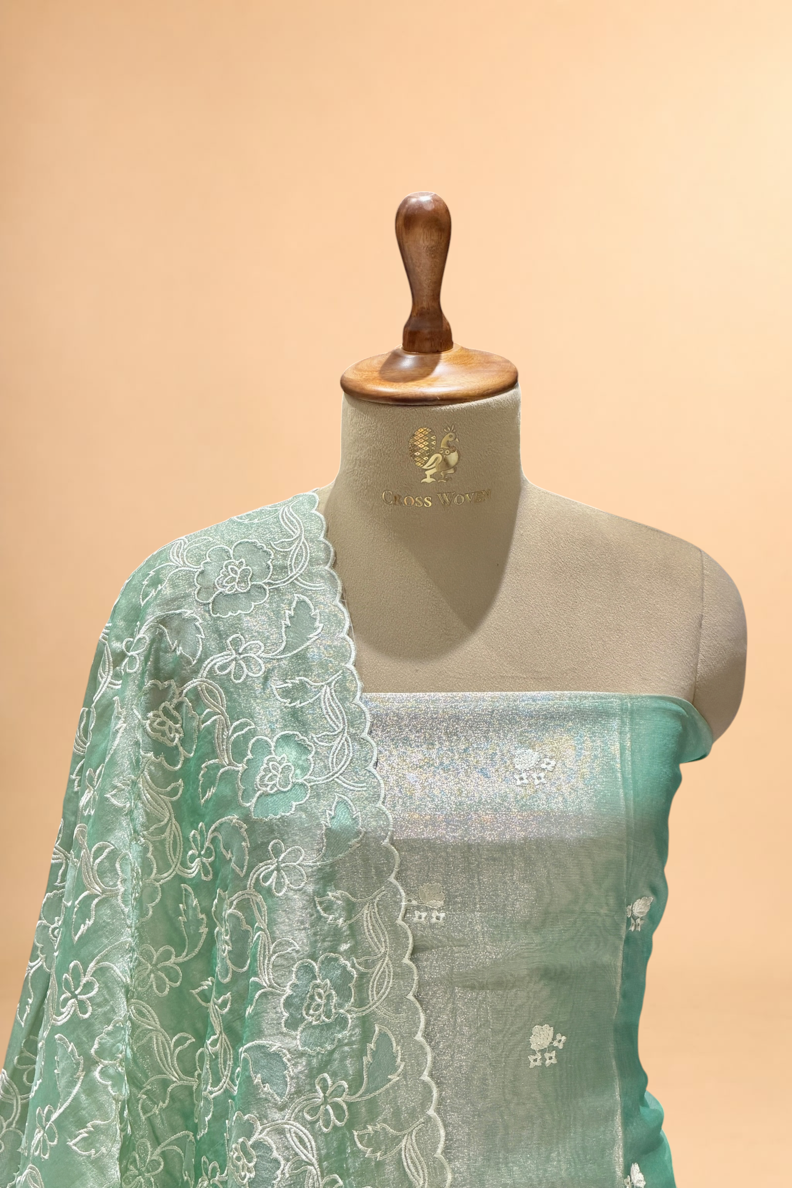 Sage Green Tissue Silk Embroidered Suit Set with Floral Jaal Dupatta