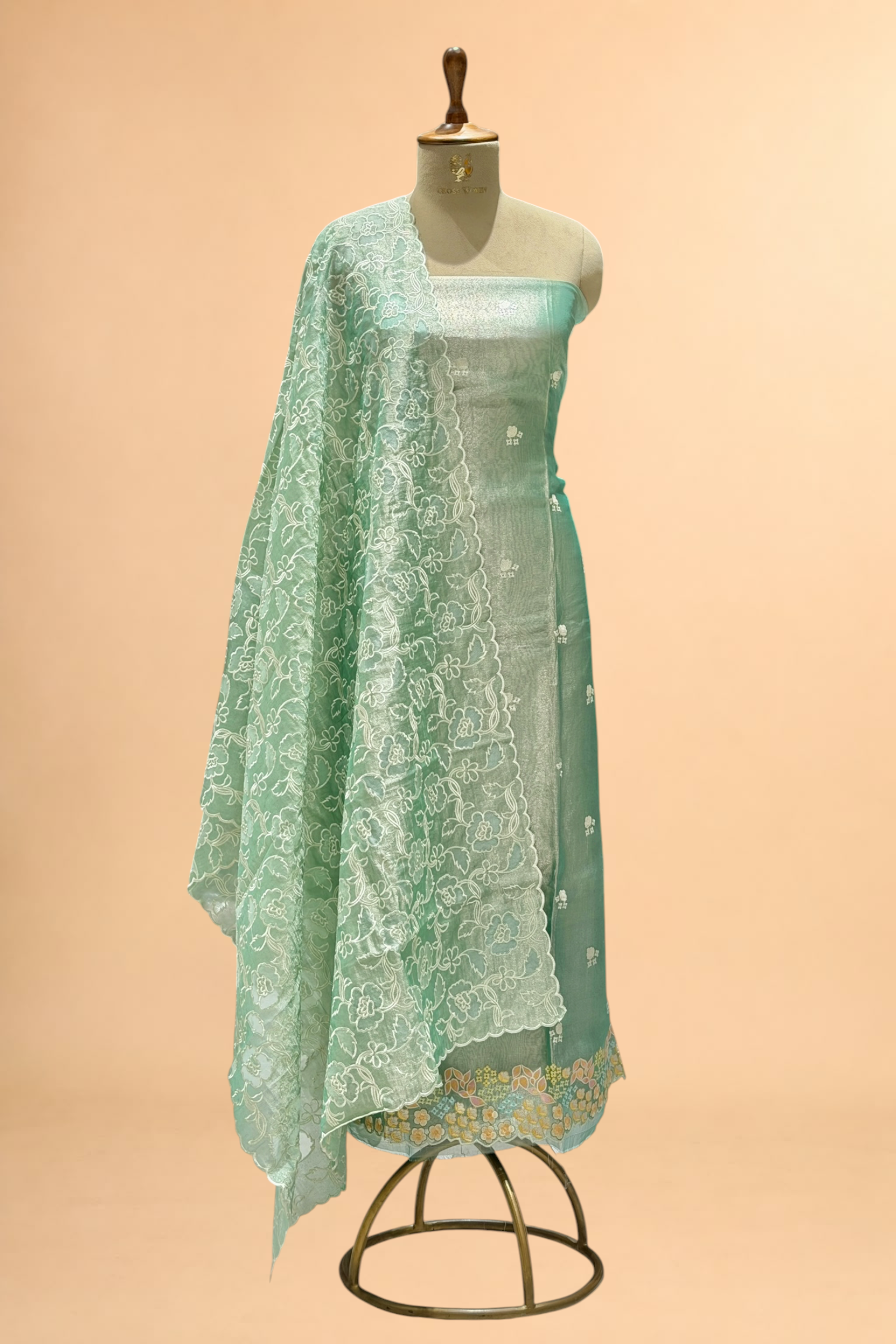 Sage Green Tissue Silk Embroidered Suit Set with Floral Jaal Dupatta