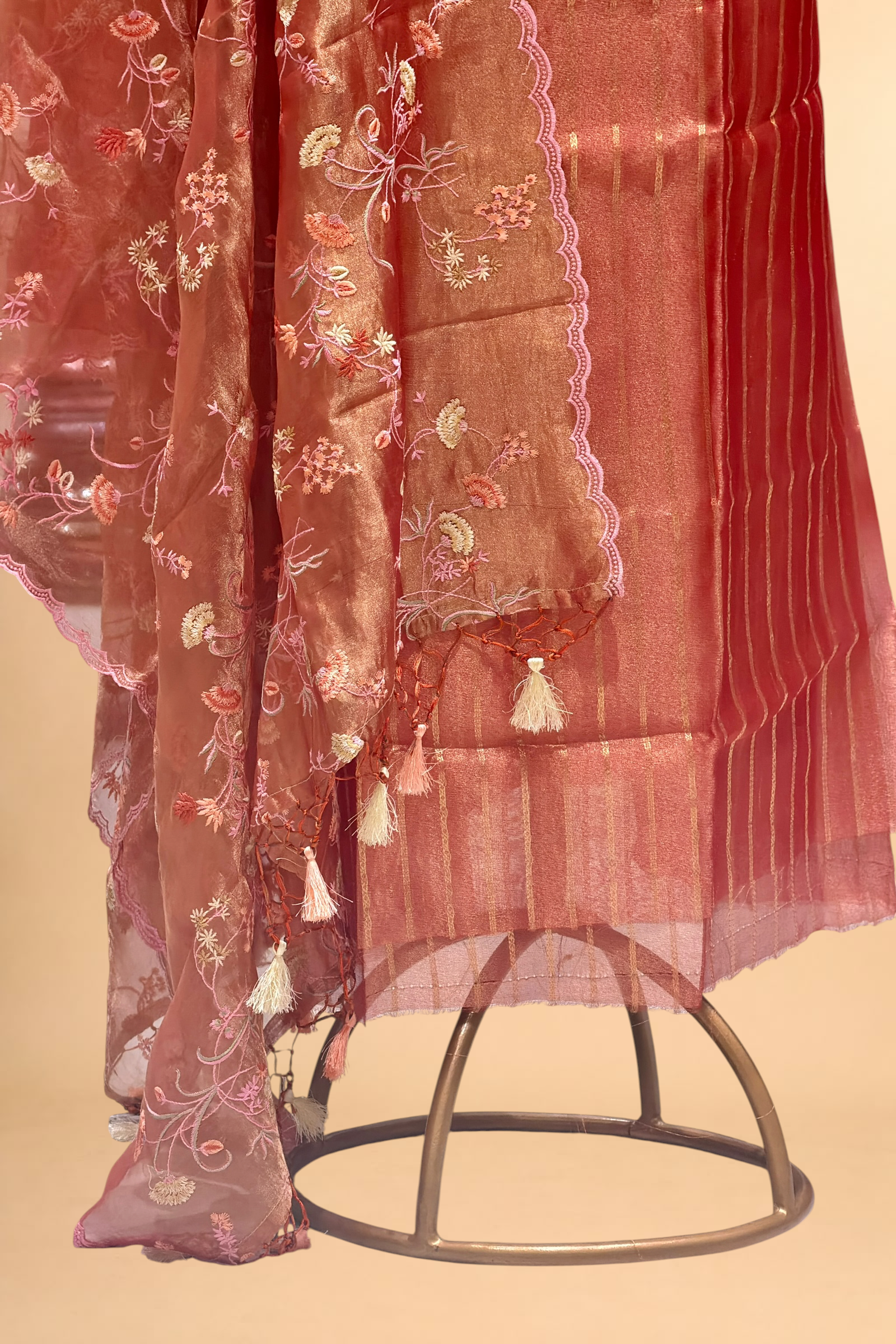 Rust Red Tissue Silk Suit with Floral Jaal Dupatta