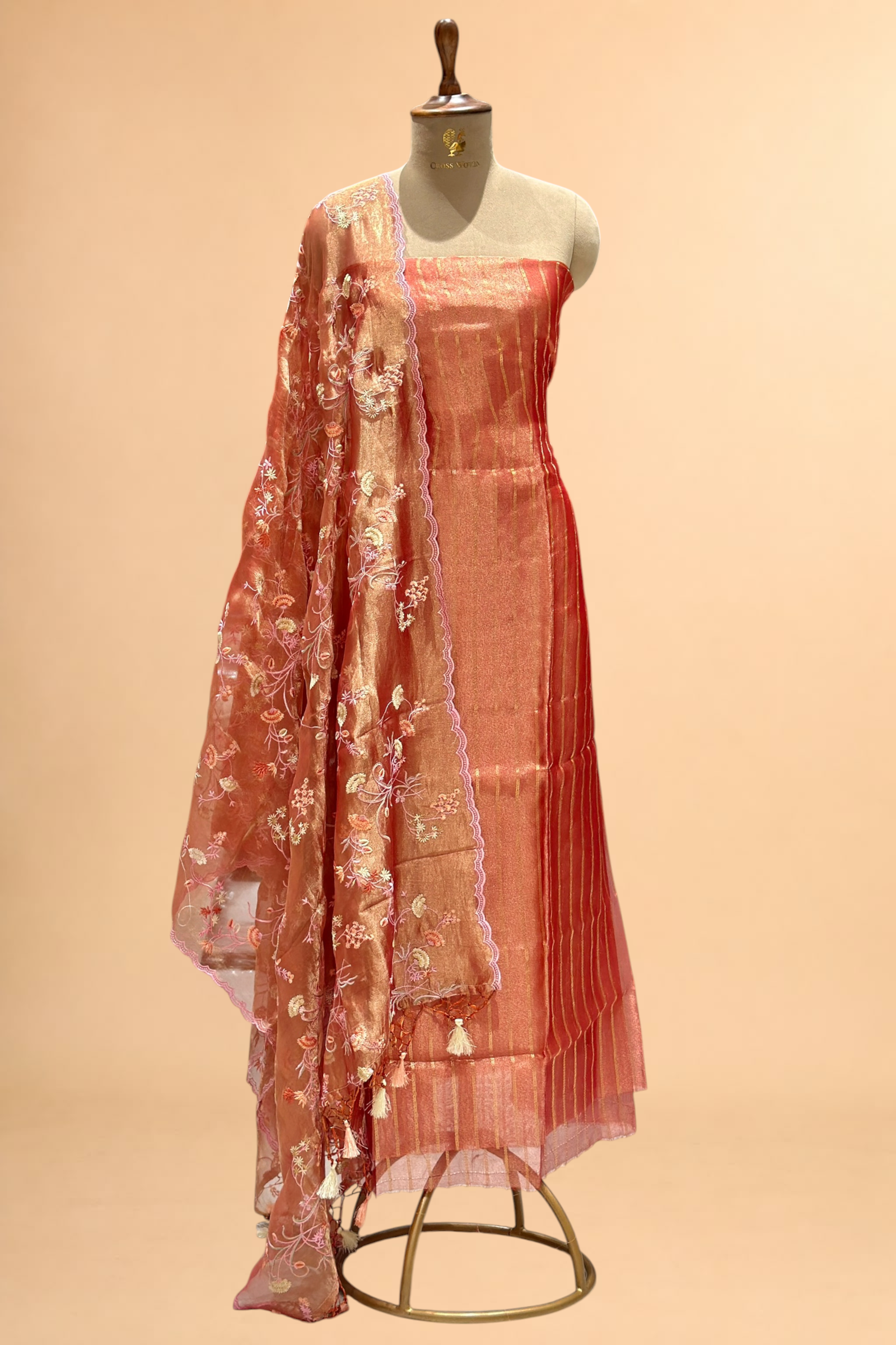Rust Red Tissue Silk Suit with Floral Jaal Dupatta