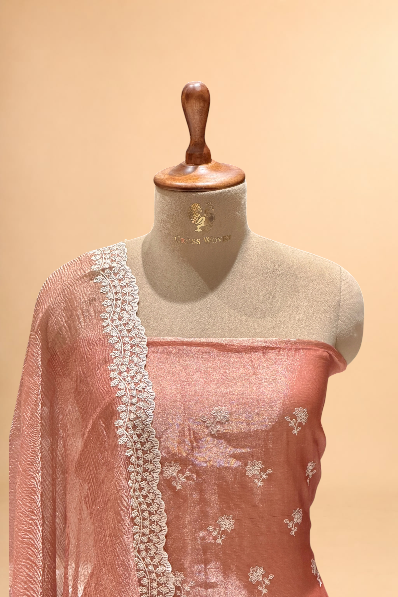 Peach Pink Tissue Silk Suit Set with Crush Tissue Dupatta