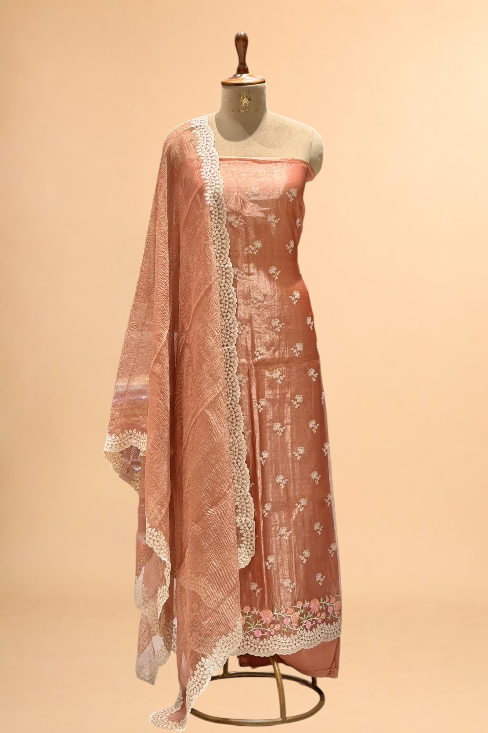 Peach Pink Tissue Silk Suit Set with Crush Tissue Dupatta