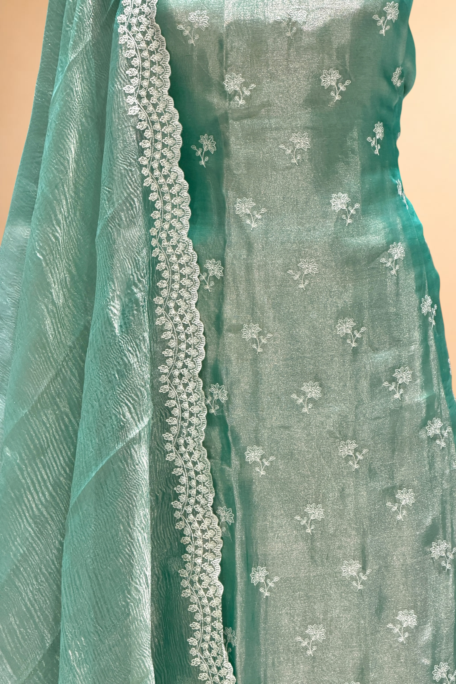 Mint Green Tissue Silk Suit Set with Crush Tissue Dupatta