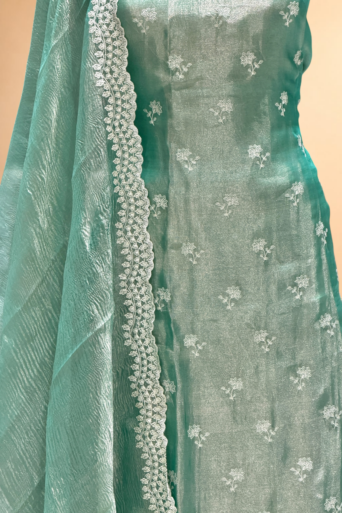 Teal Green Tissue Silk Suit Set with Crushed Tissue Dupatta