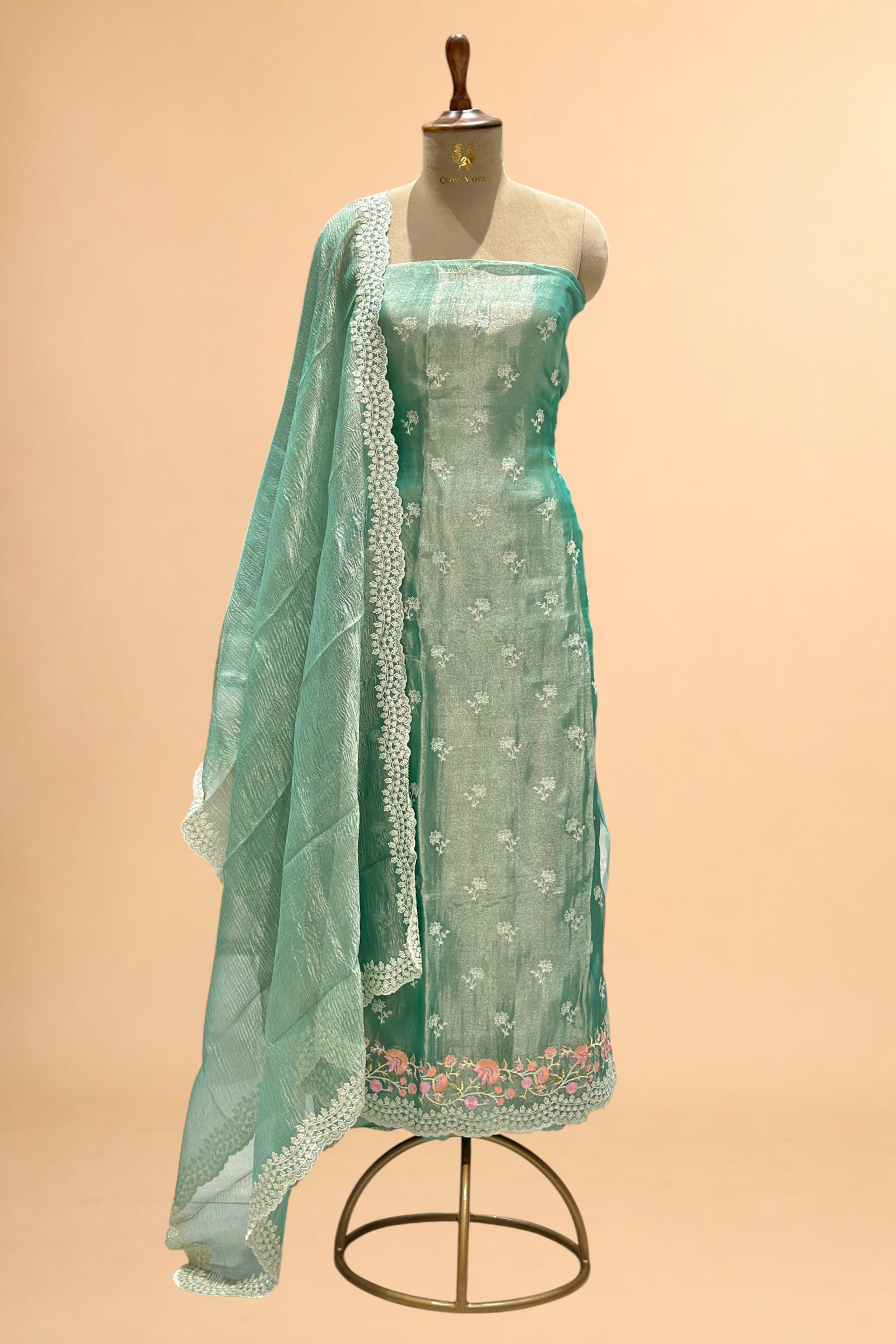 Mint Green Tissue Silk Suit Set with Crush Tissue Dupatta