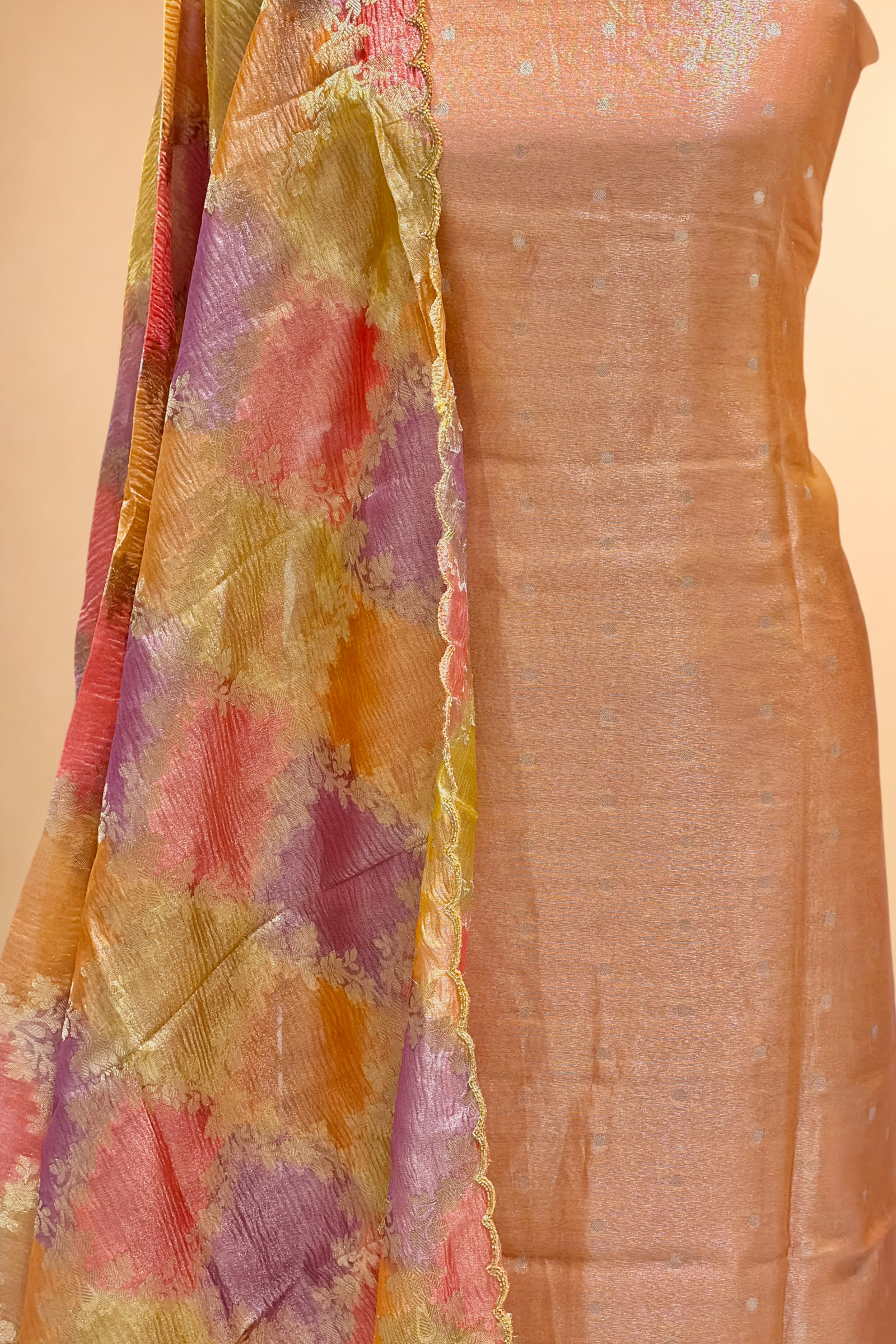 Orange Tissue Silk Suit Set With Rangkaat Dupatta
