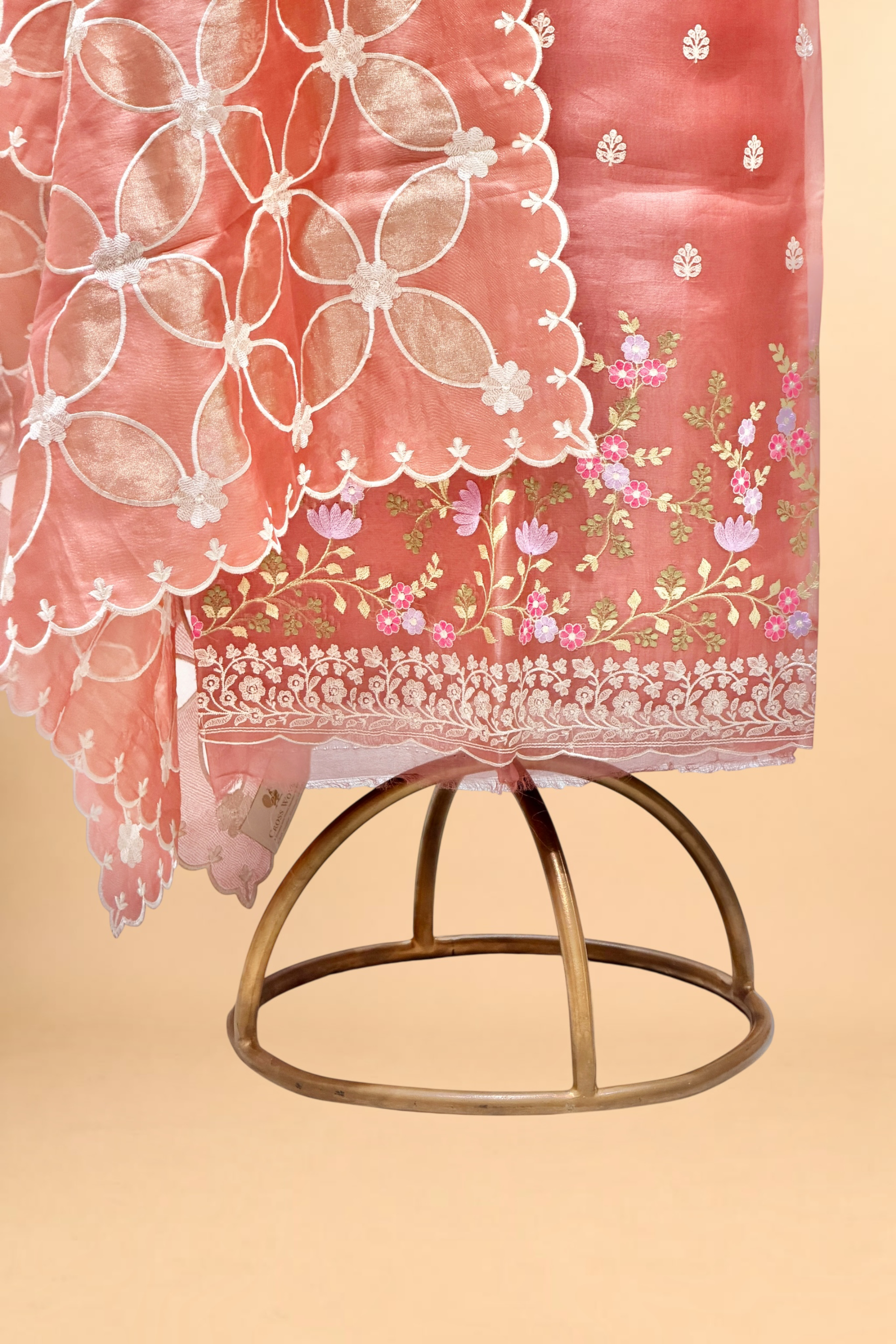 Coral Pink Organza Silk Suit Set With Tissue Appliqué Dupatta