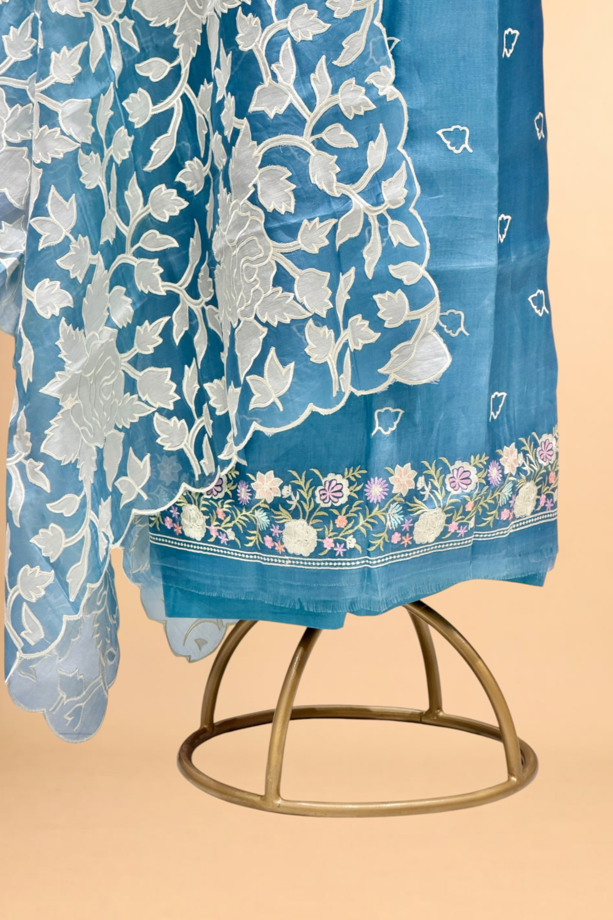 Dusty Blue Organza Silk Suit Set With Appliqué Dupatta