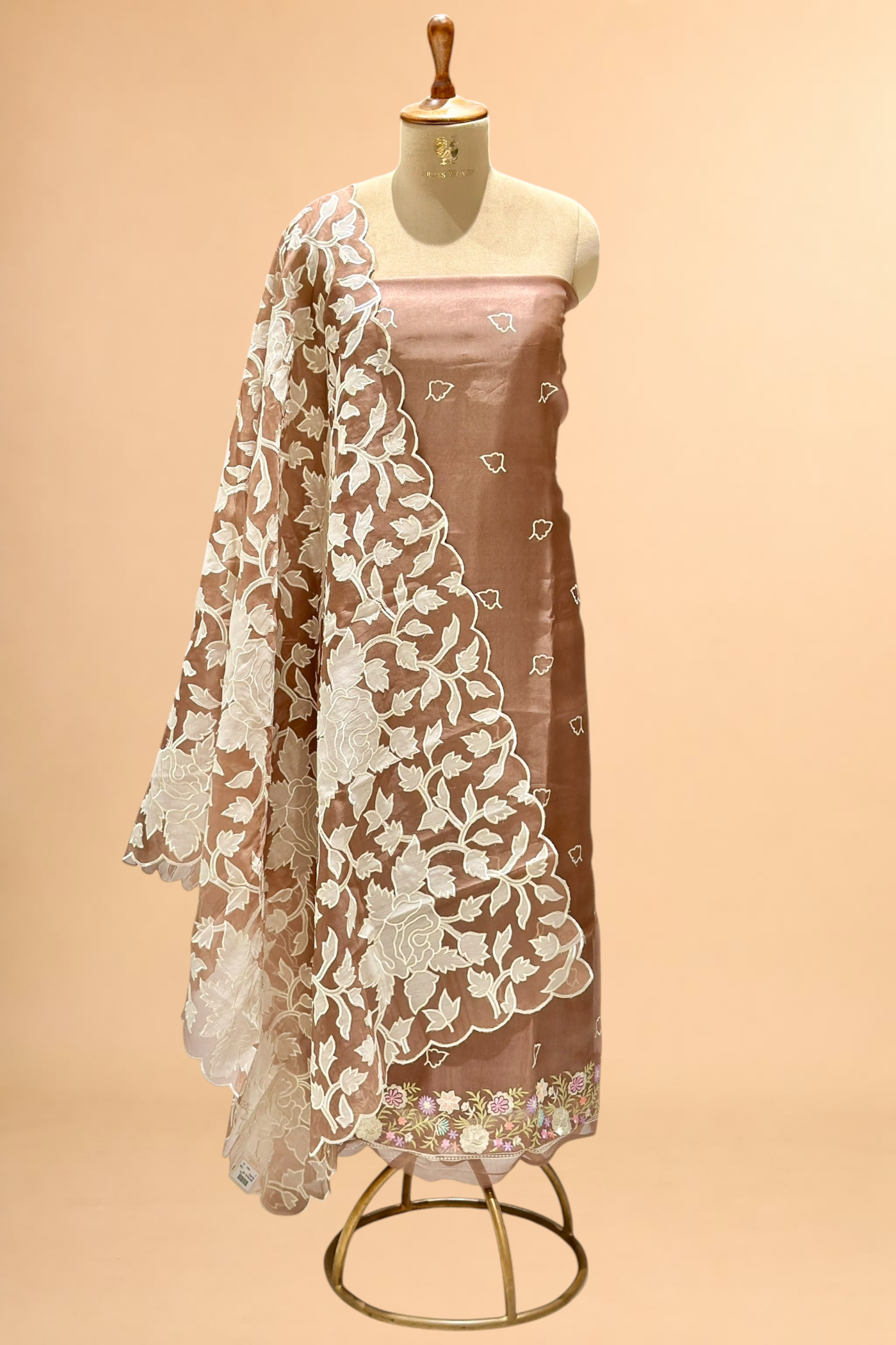 Mocha Brown Organza Silk Suit Set With Appliqué Dupatta