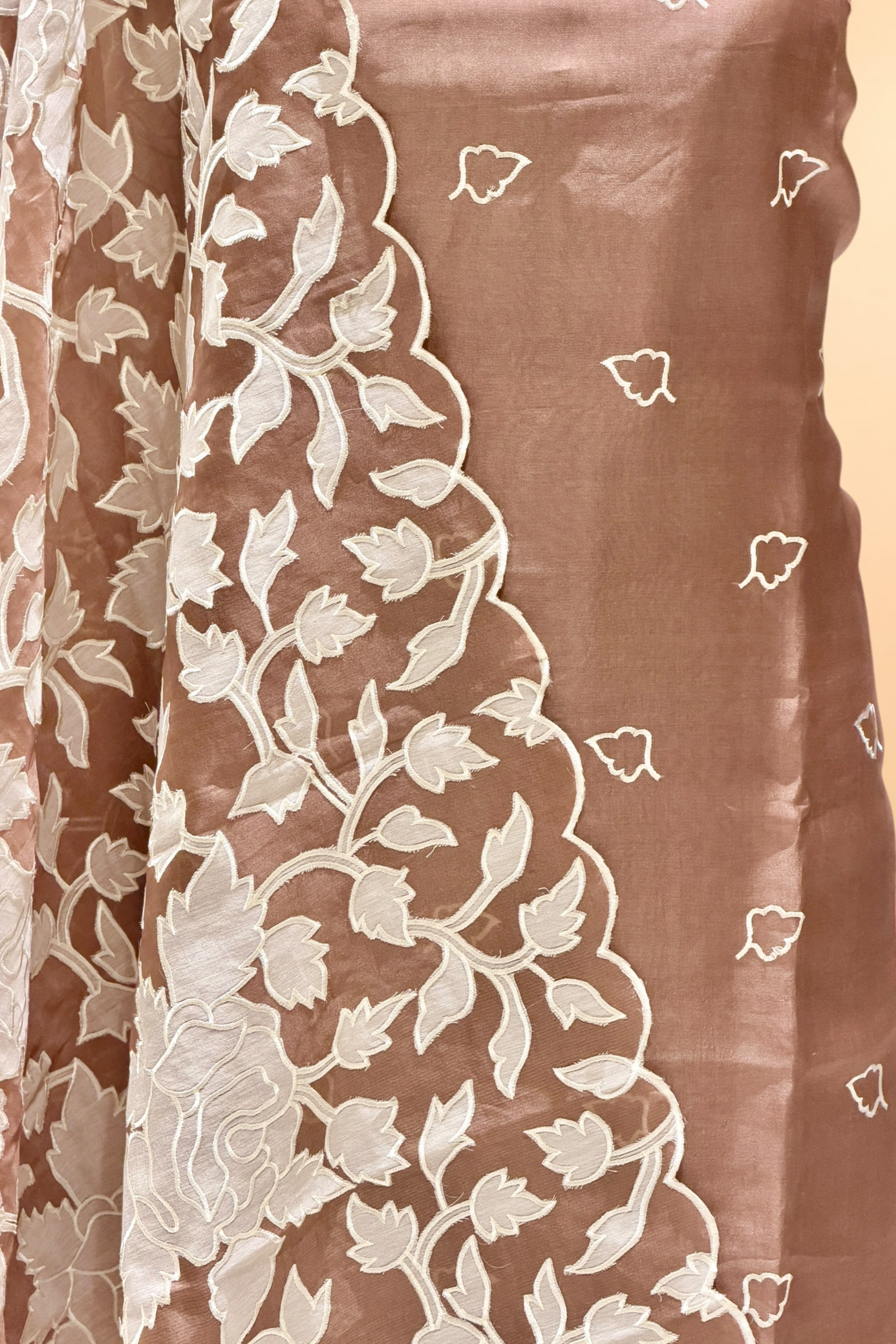 Mocha Brown Organza Silk Suit Set With Appliqué Dupatta
