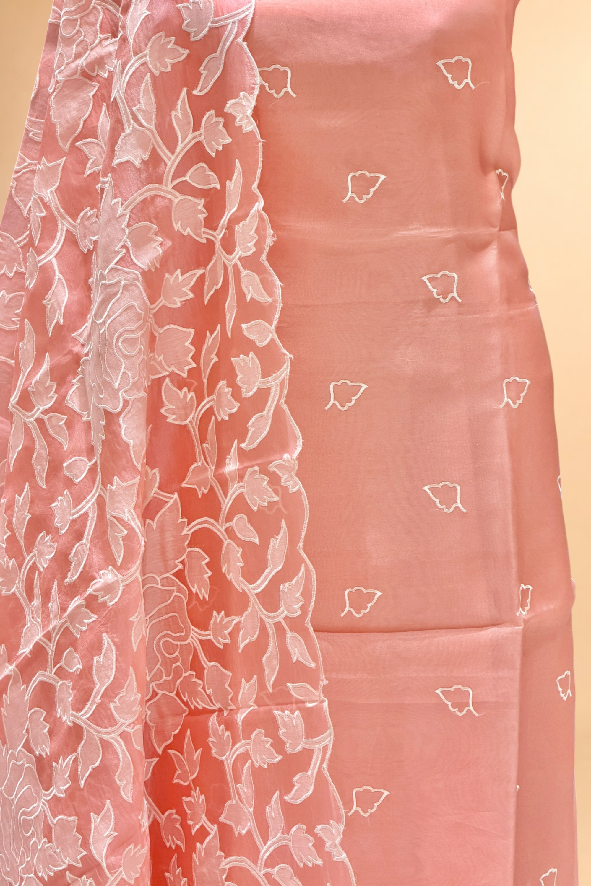 Peach Pink Organza Silk Suit Set With Appliqué Dupatta