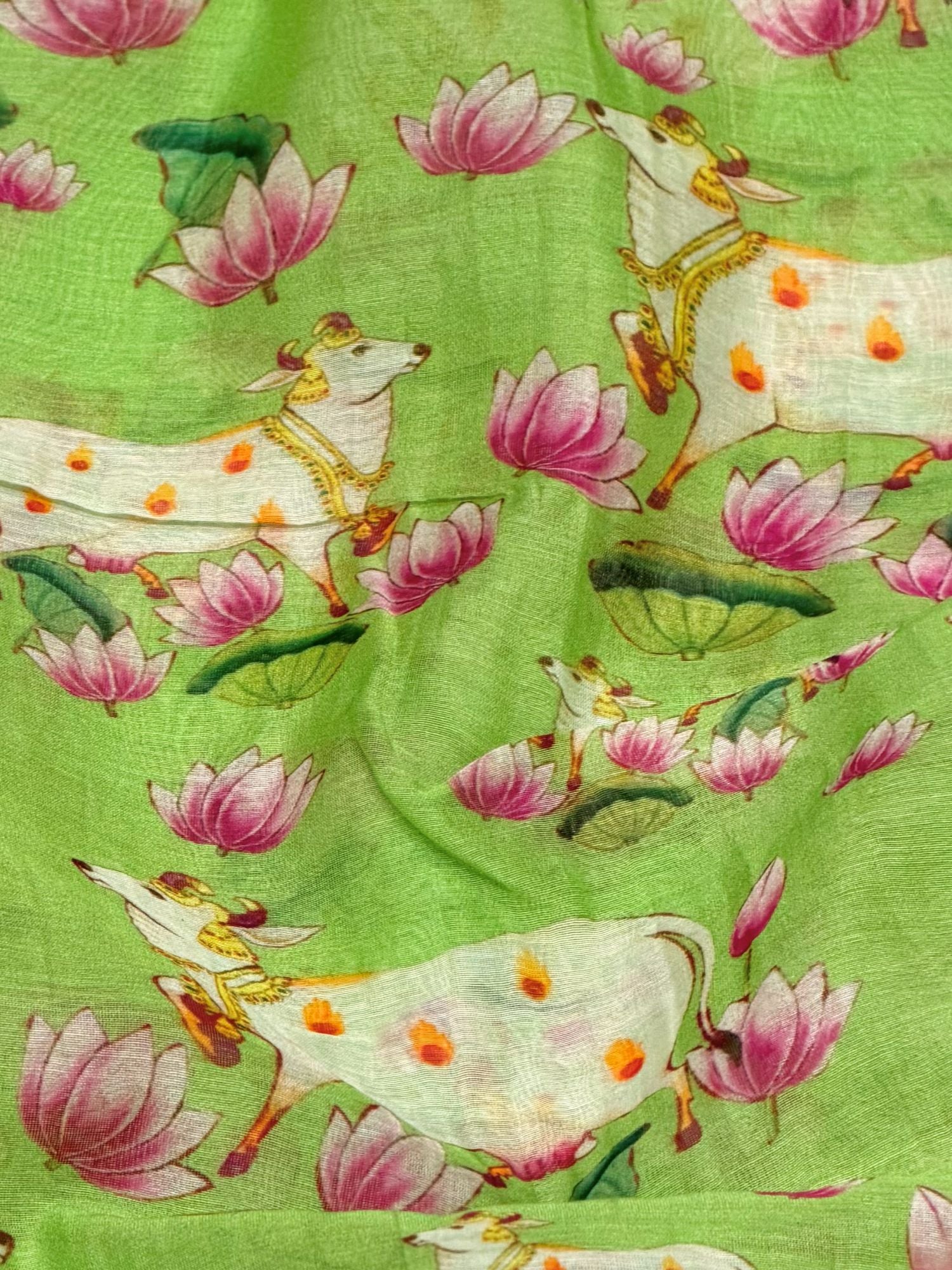 Lime Green Mul Pichwai Prints Fabric