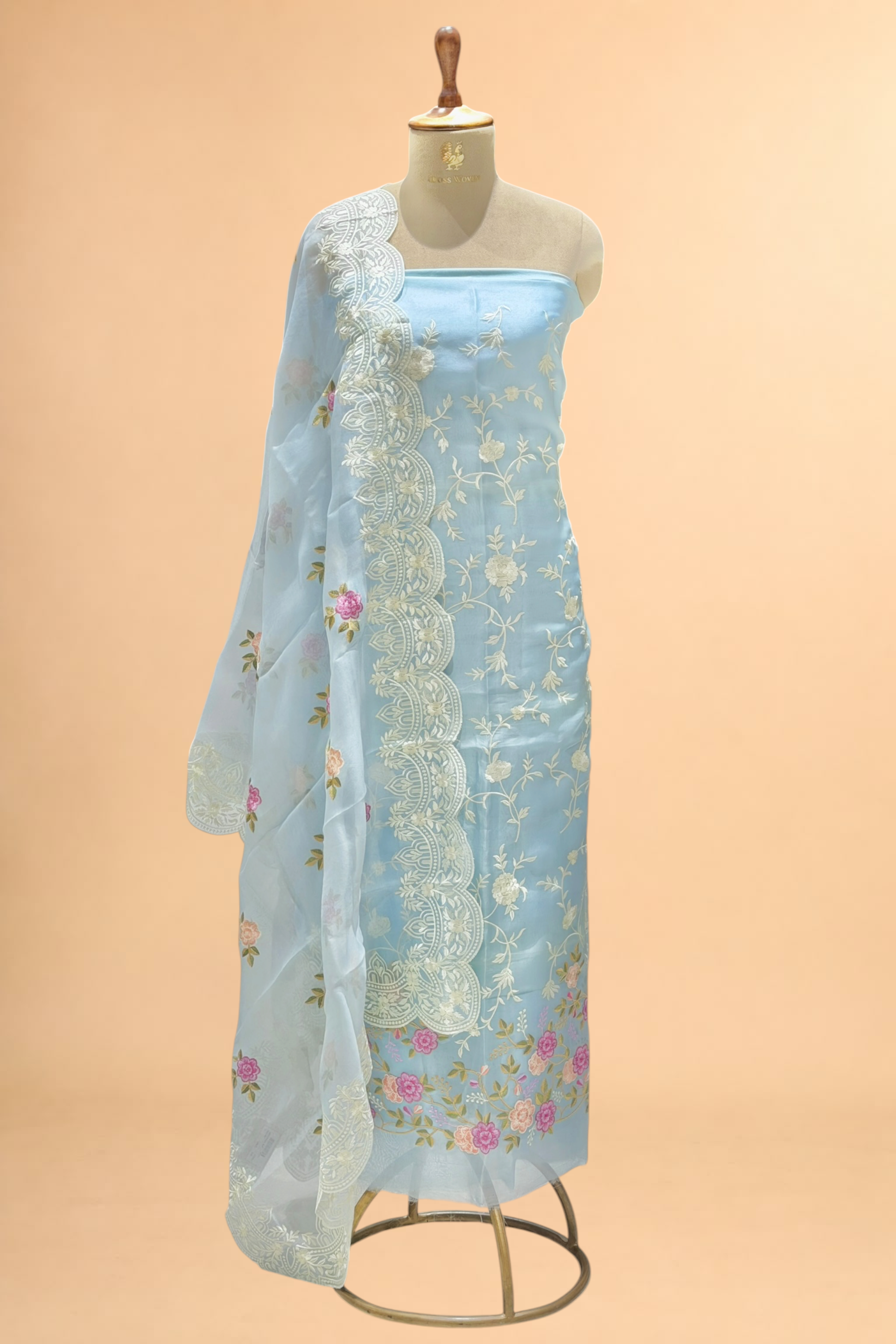 Powder Blue Organza Silk Suit Set With Embroidered Dupatta