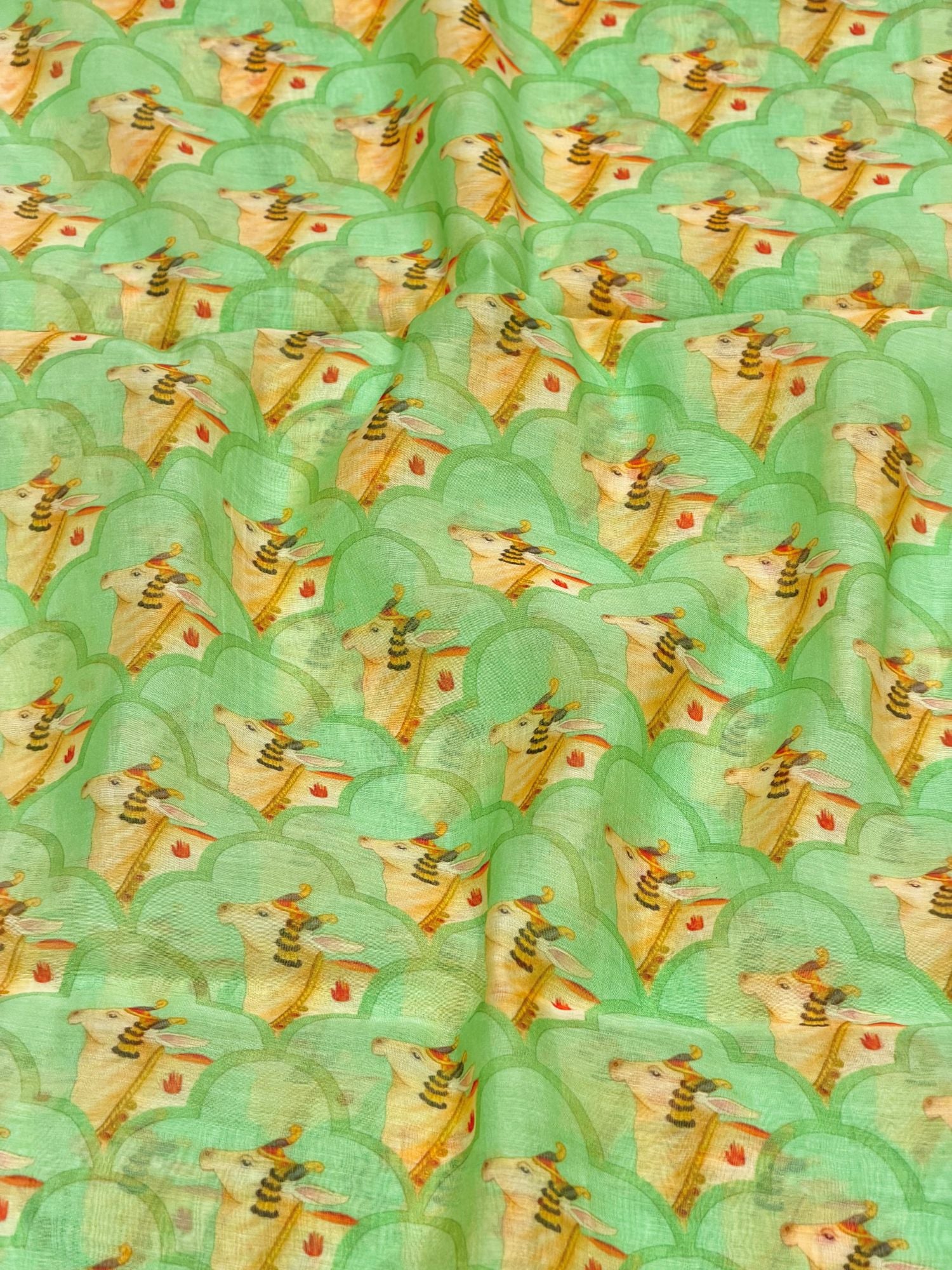 Seafoam Green Mul Pichwai Prints Fabric