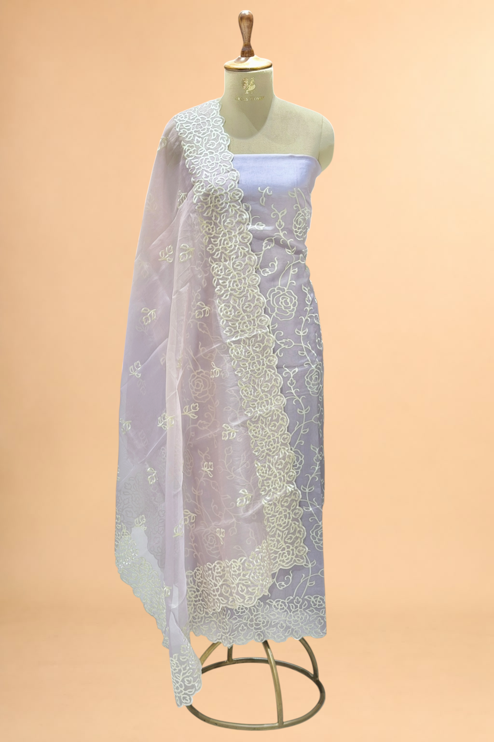Lavender Organza Silk Suit Set With Shaded Dupatta