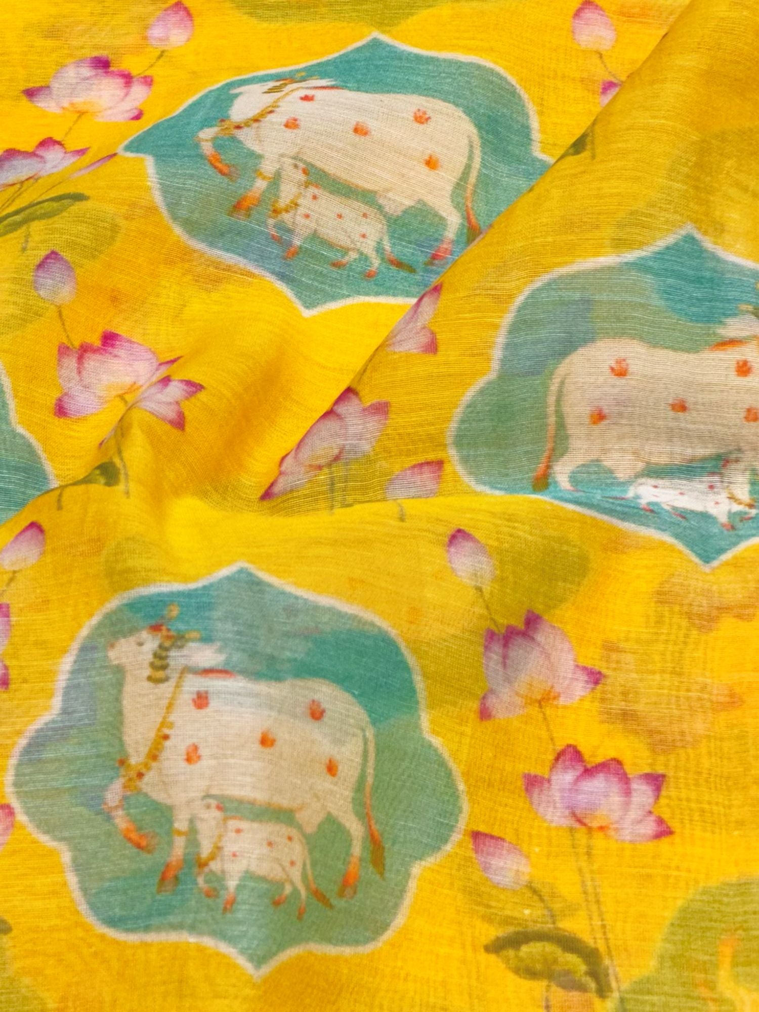Mustard Yellow Mul Nandi Prints Fabric