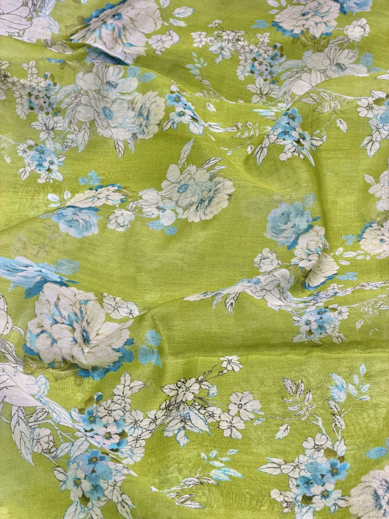 Olive Green Mul Floral Prints Fabric