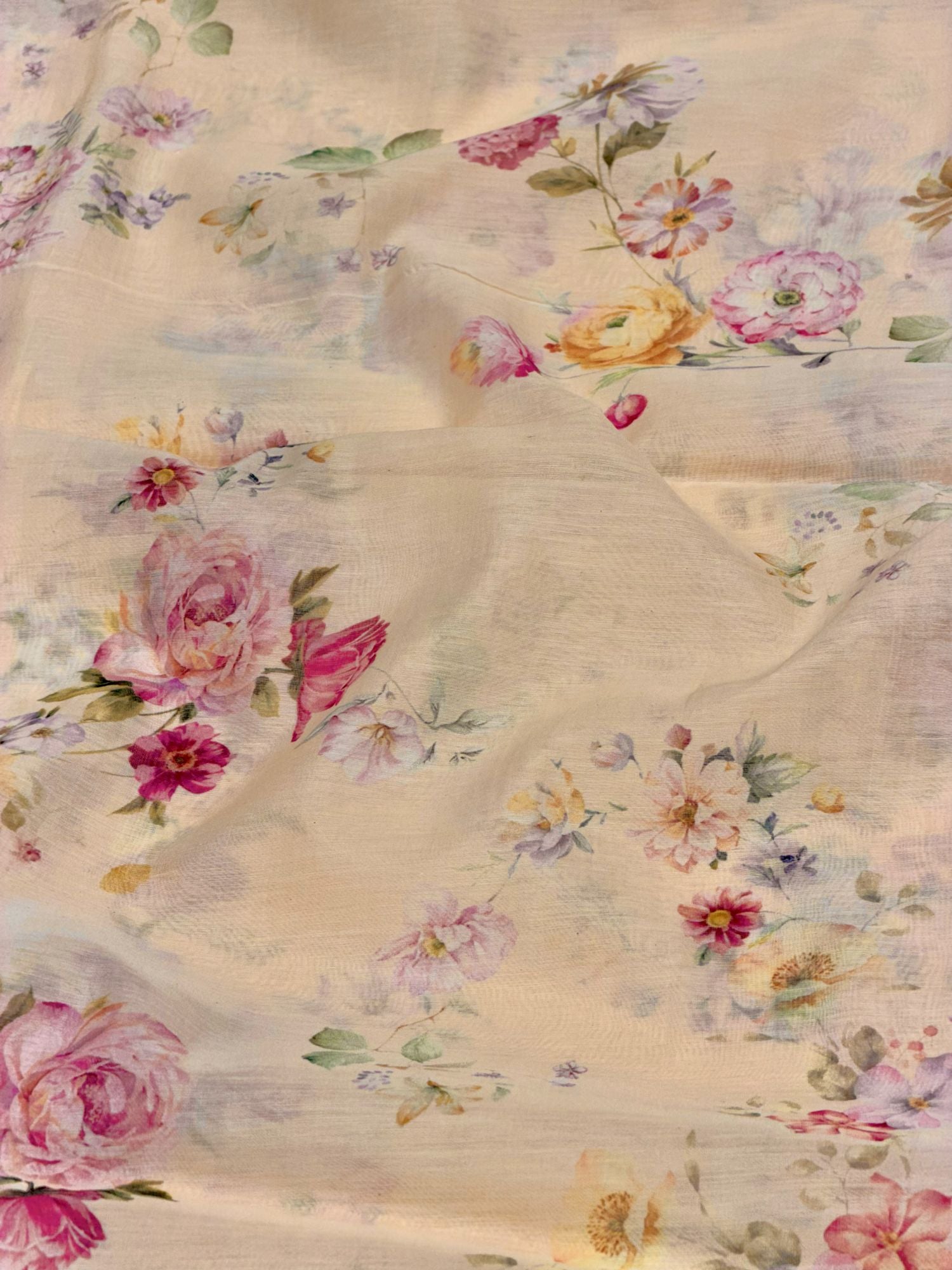 Ivory-Beige Mul Floral Prints Fabric