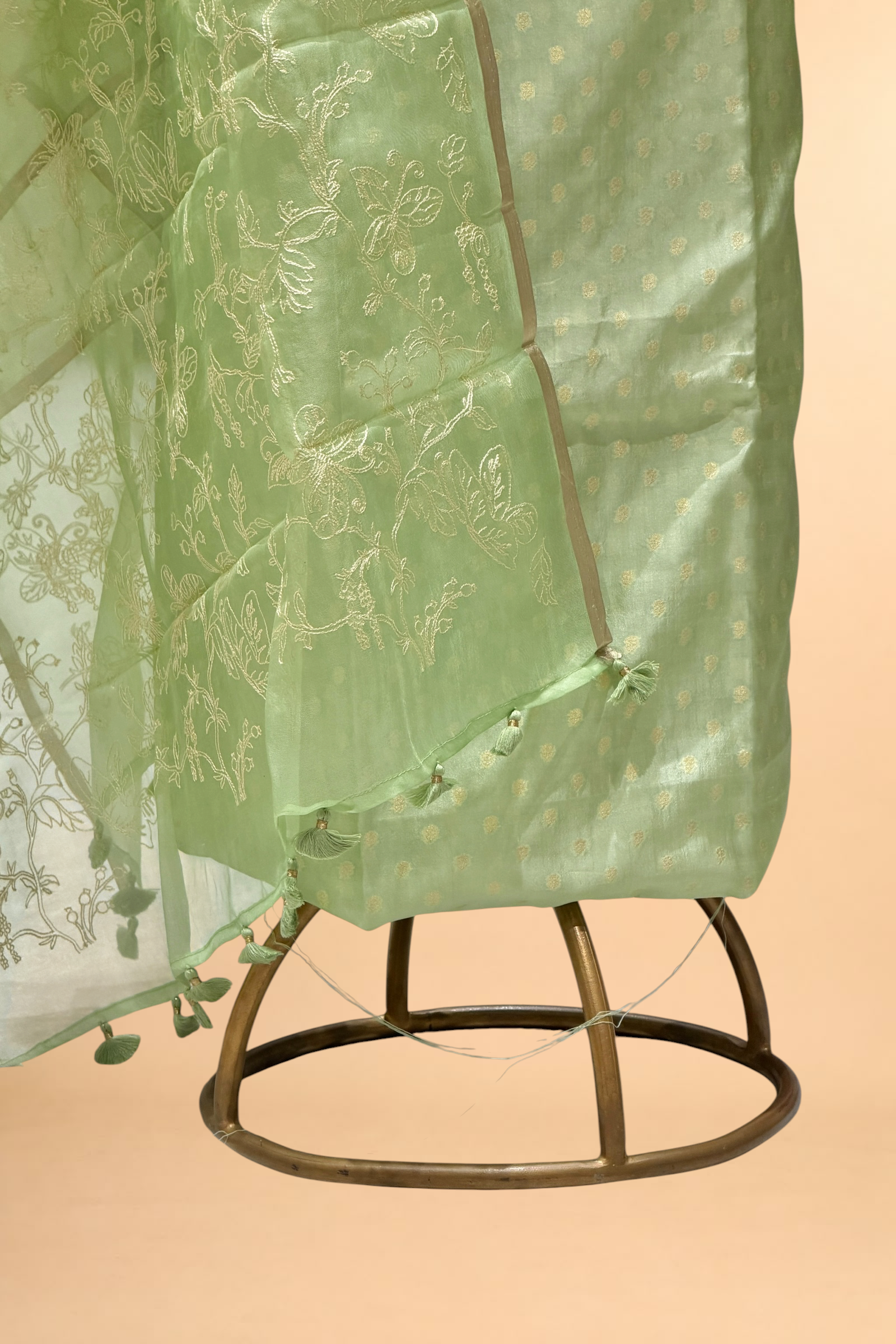 Pista Green Pure Silk Suit Set With Organza Dupatta