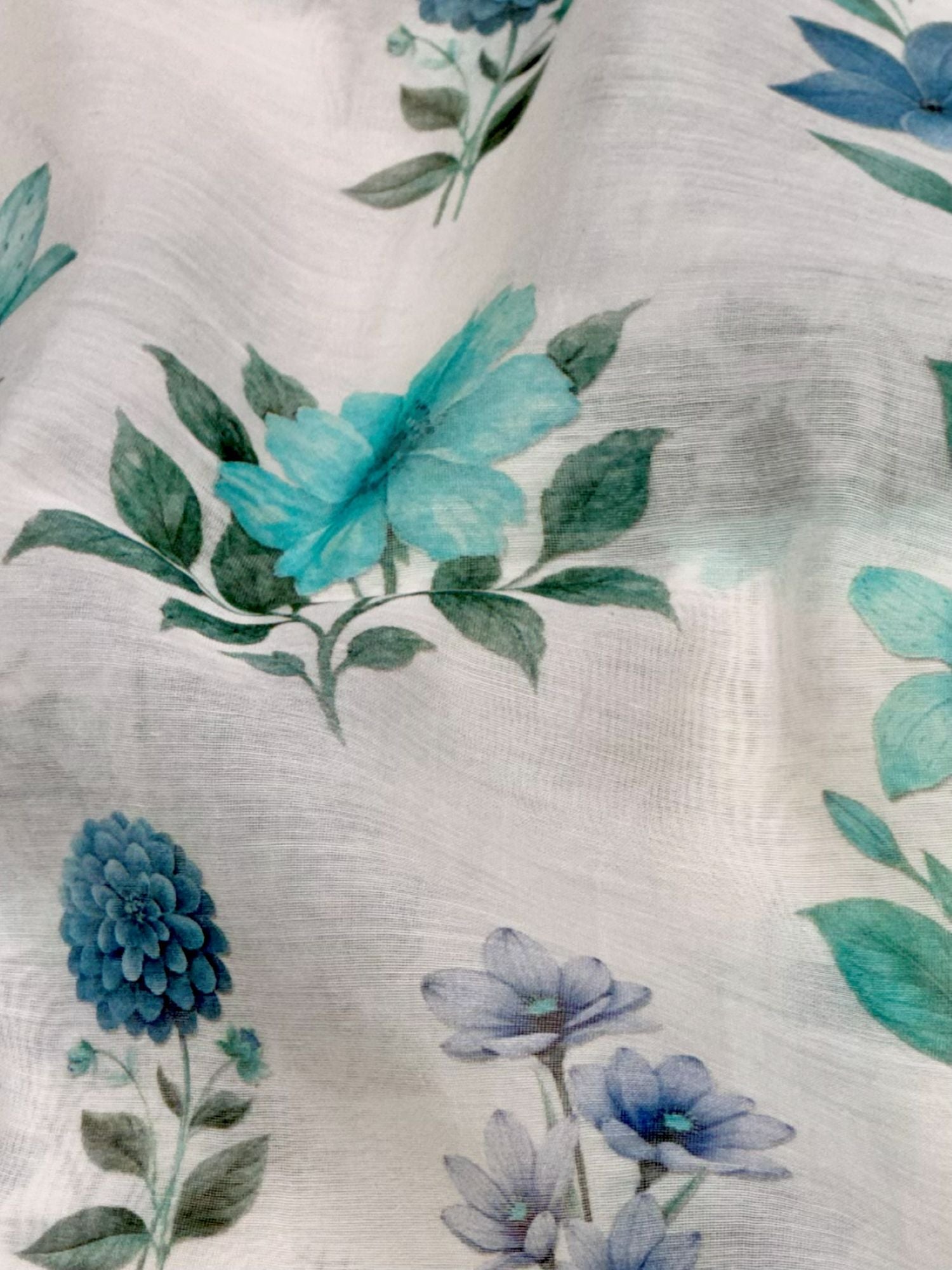 White Mul Floral Prints Fabric