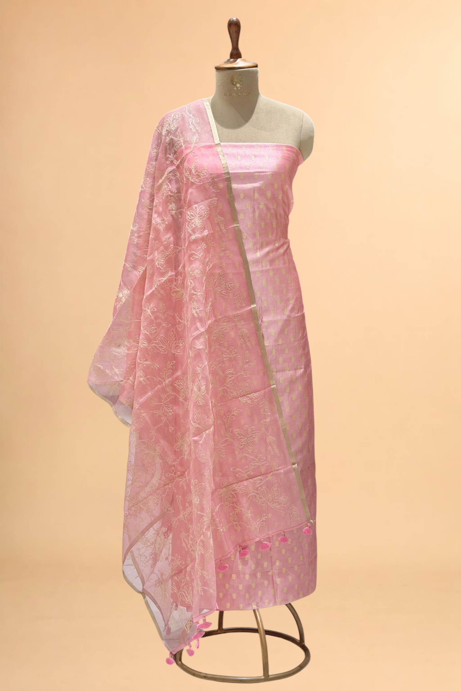 Pink Pure Silk Suit Set With Organza Dupatta