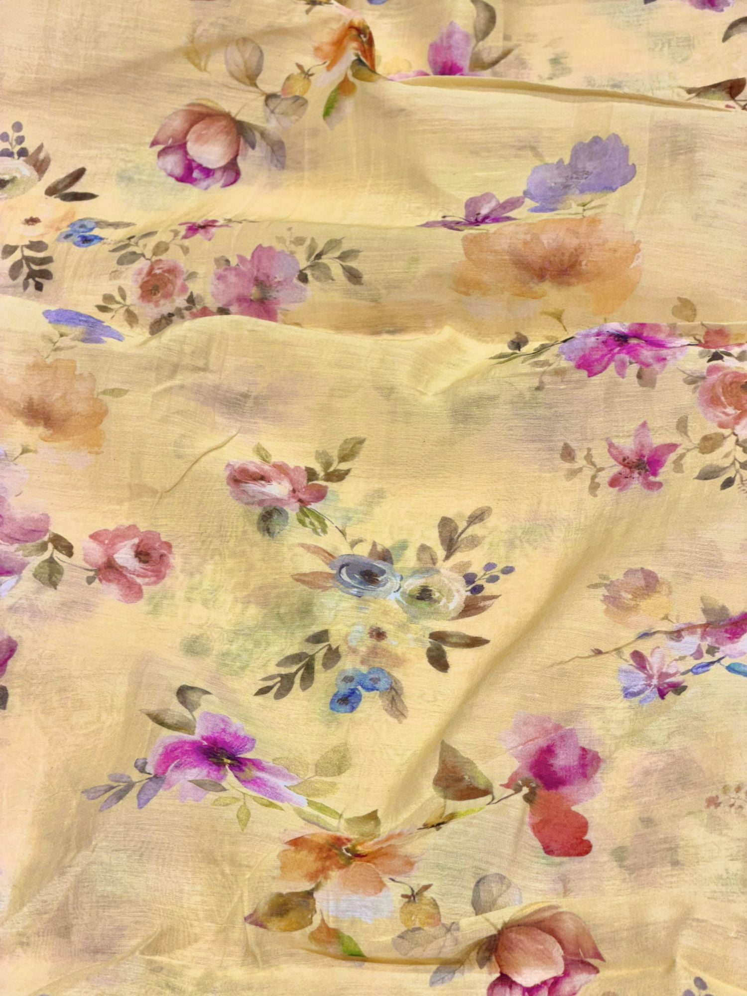 Butter Yellow Mul Floral Prints Fabric
