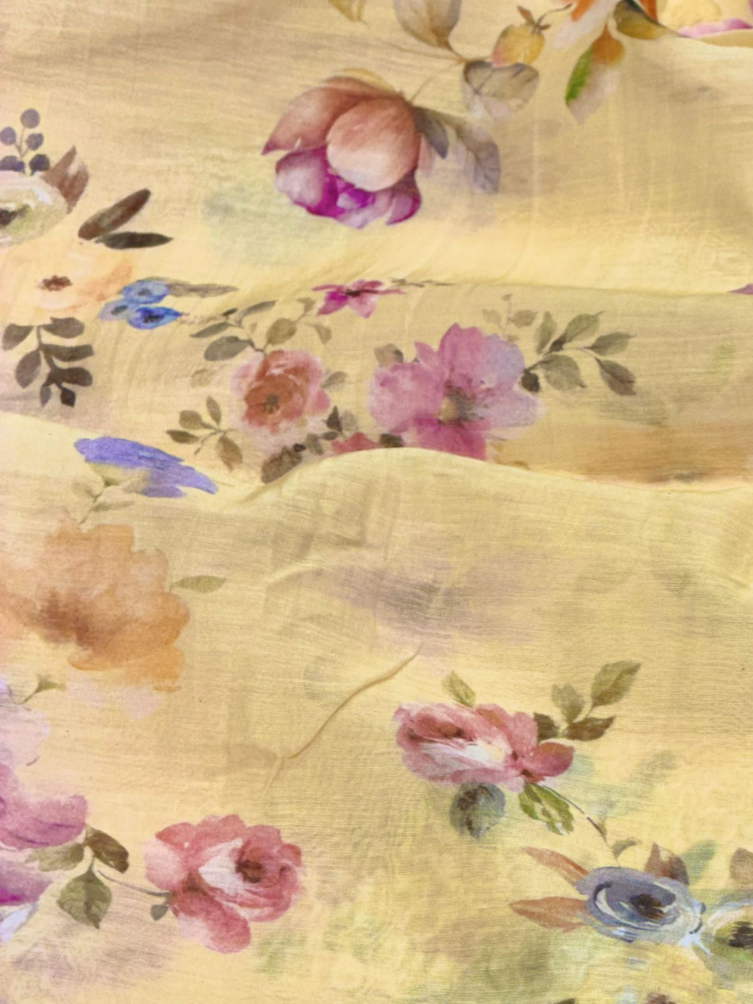 Butter Yellow Mul Floral Prints Fabric