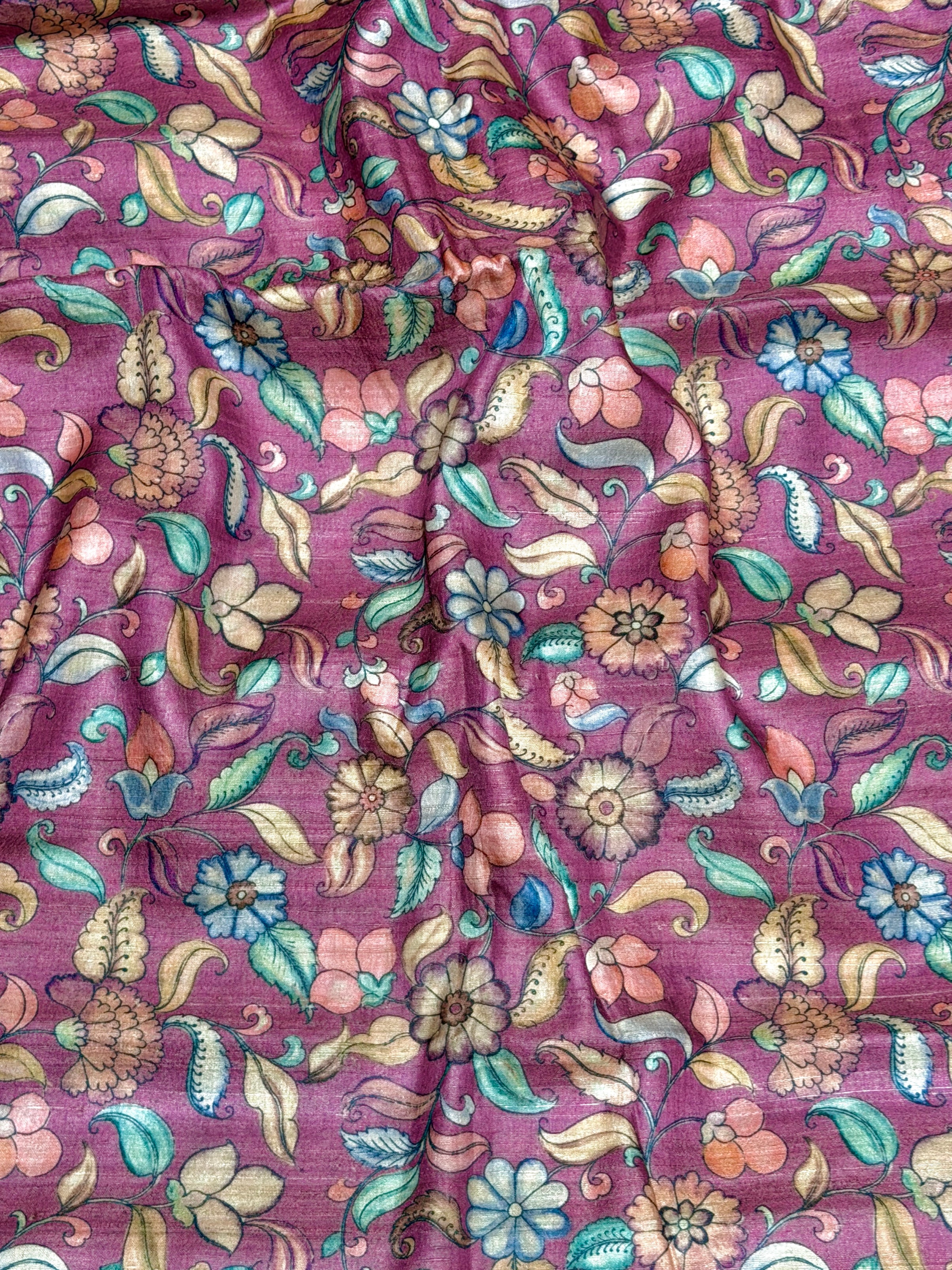 Magenta Tussar Kalamkari Printed Fabric