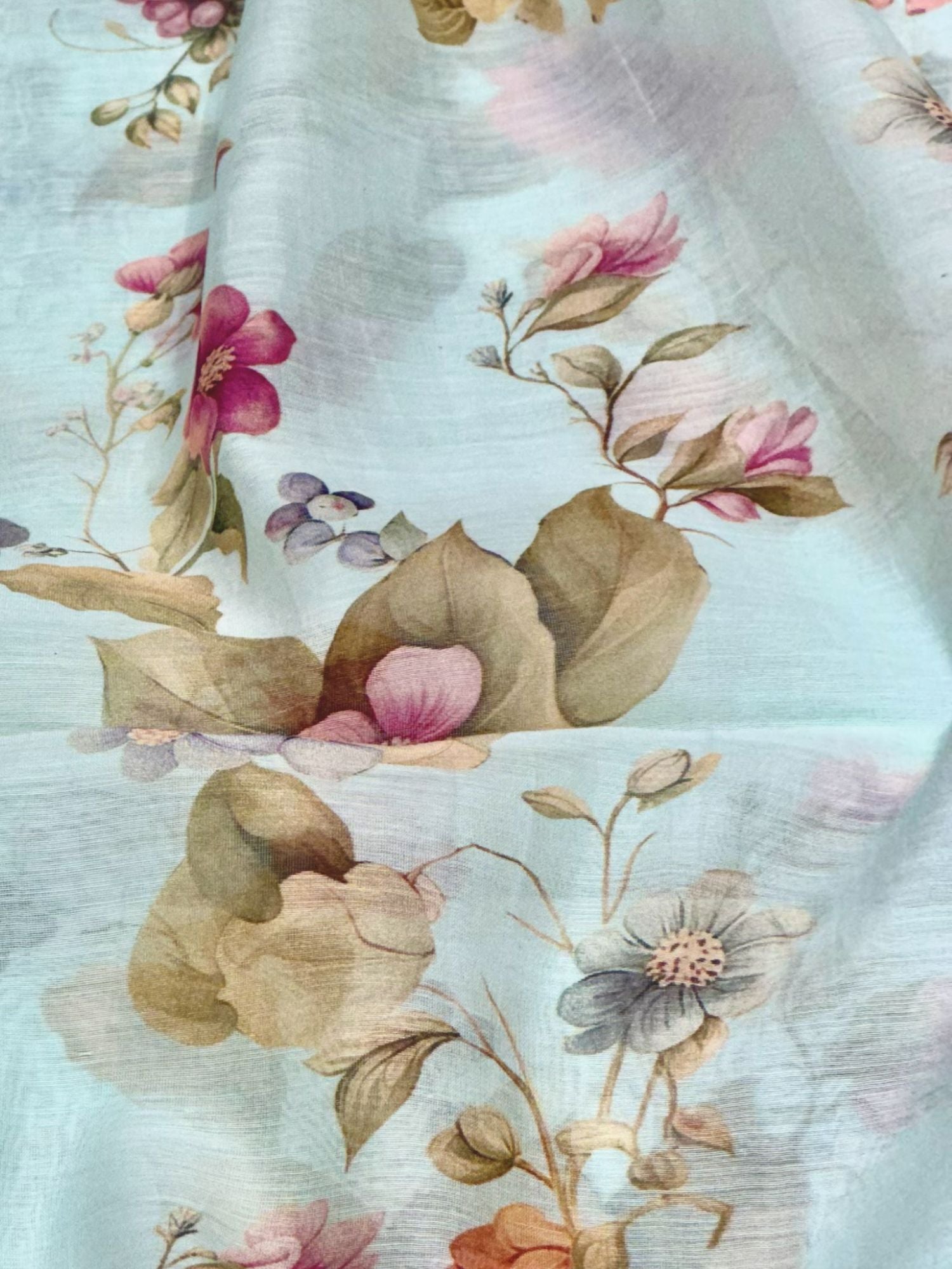 Pastel Blue Mul Floral Prints Fabric