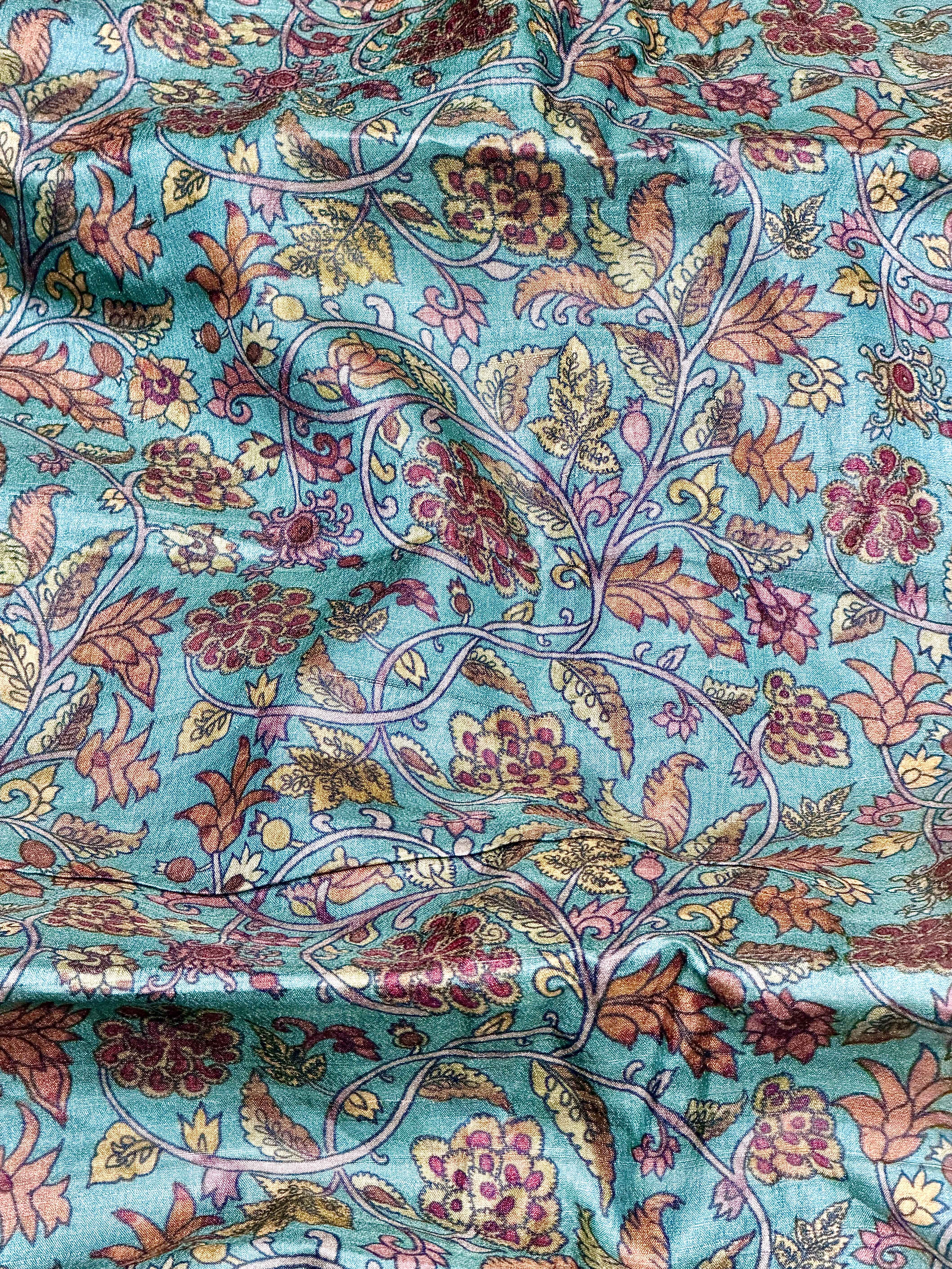 Aqua Blue Tussar Kalamkari Printed Fabric